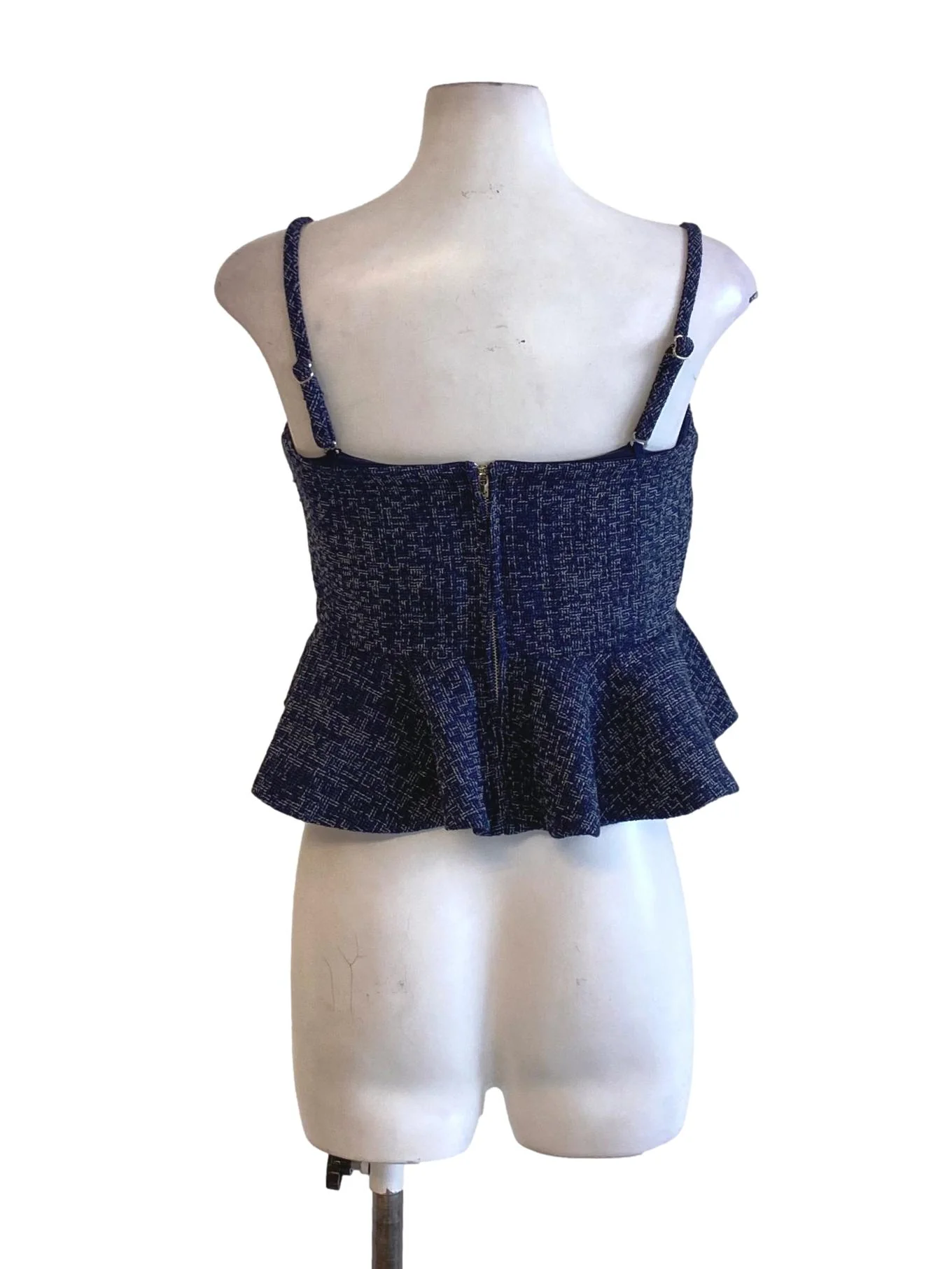 Navy Blue Boucle Sweetheart Peplum Tweed Top - Image 2
