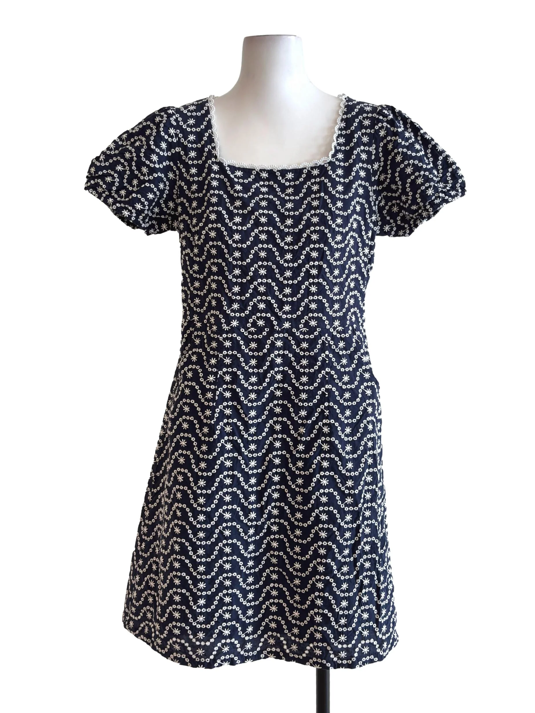 Navy Blue Embroidery Square Neck Dress