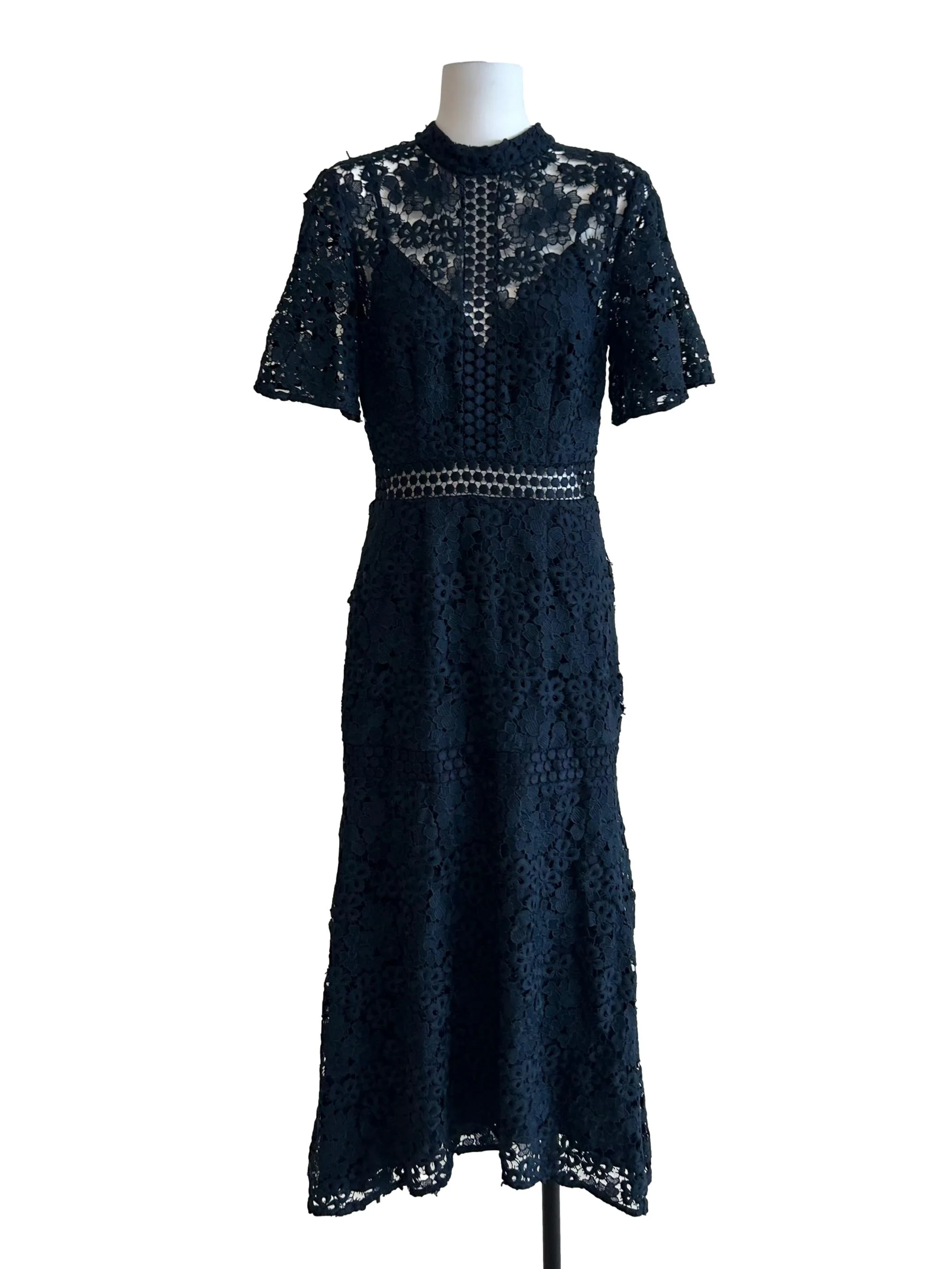 Navy Blue Lace High Neck Dress