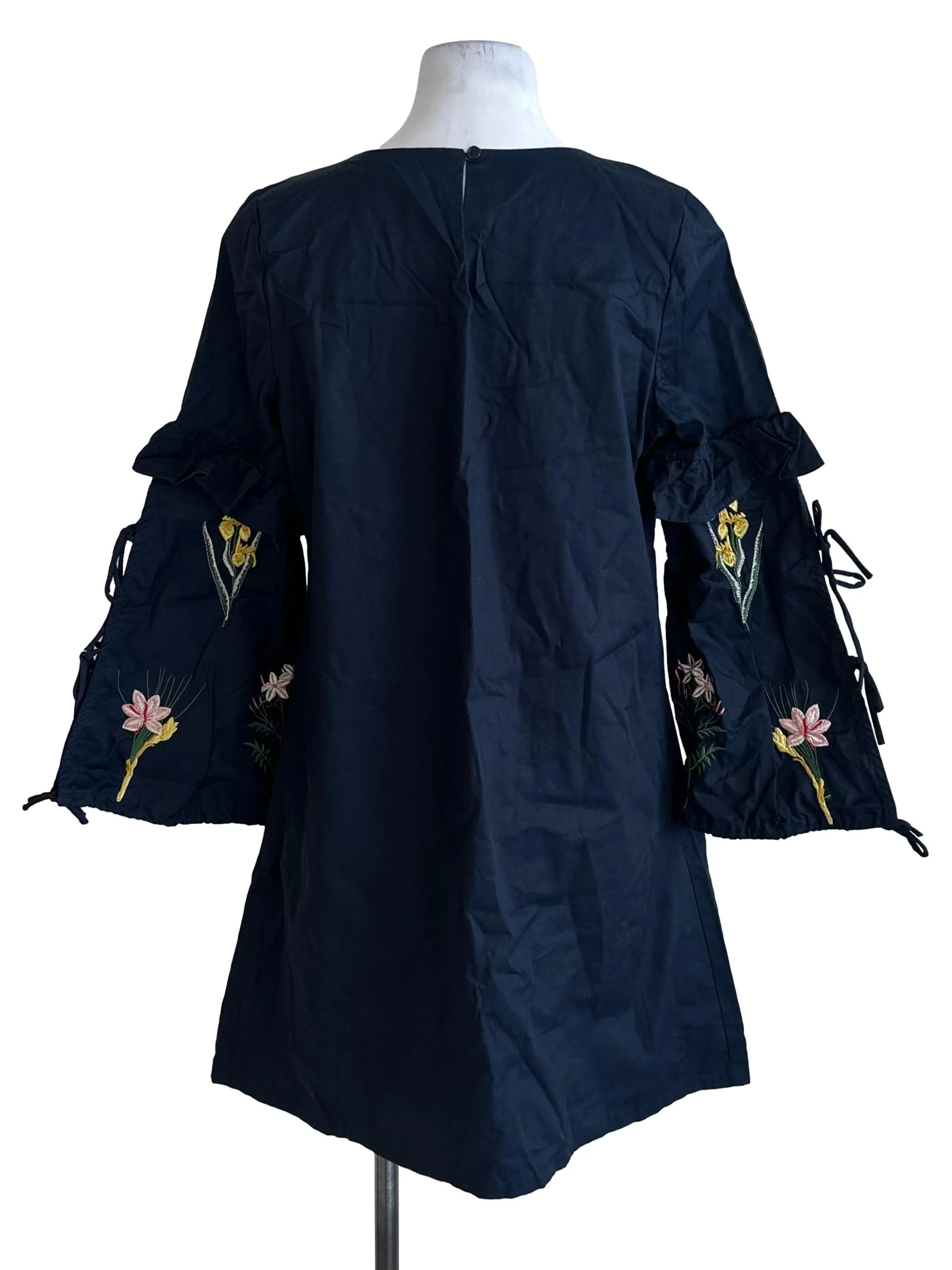Navy Blue Floral Embroidery Ribbon Dress - Image 2