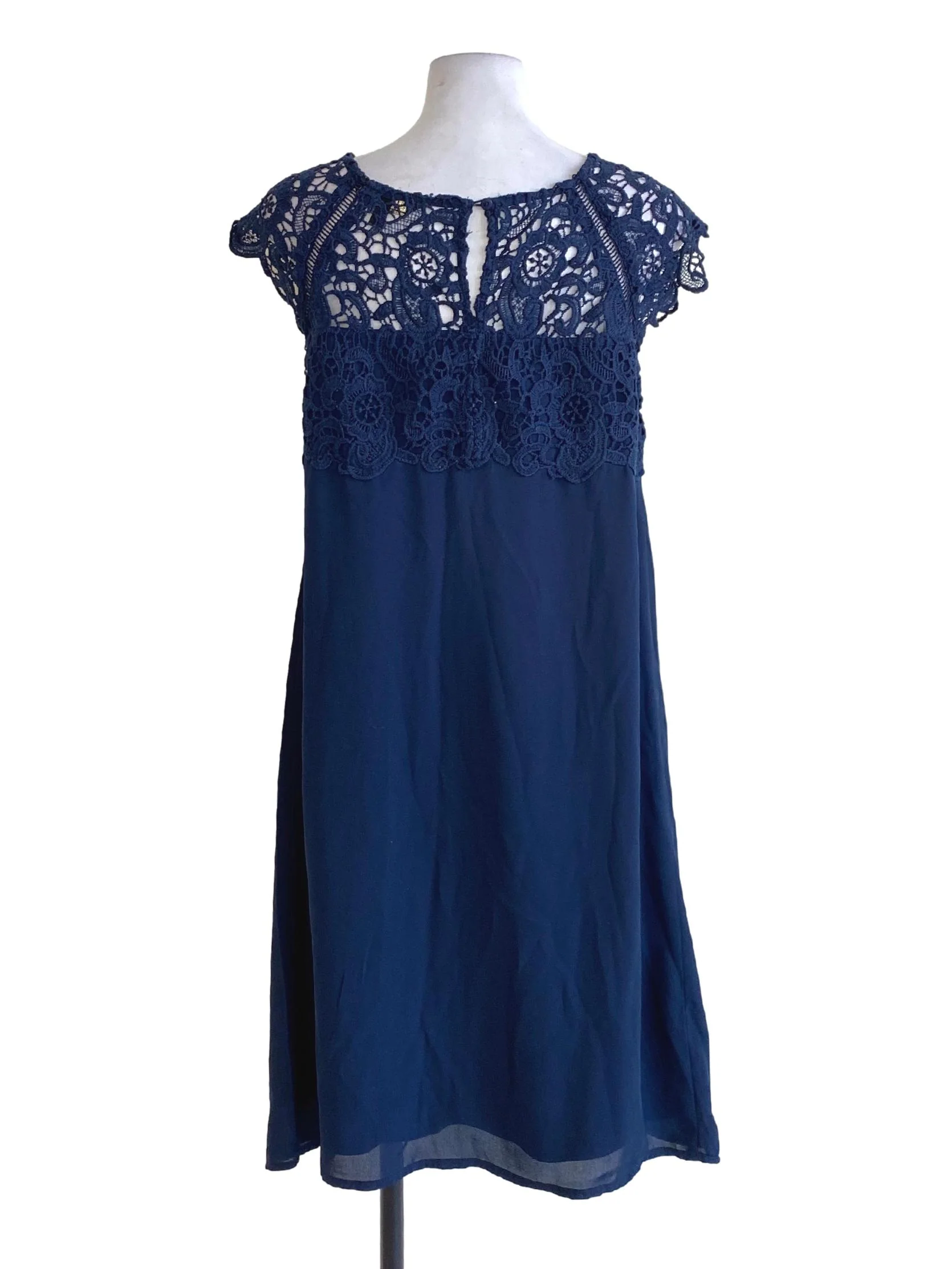 Navy Blue Floral Lace Detail Round Neck Shift Dress - Image 2