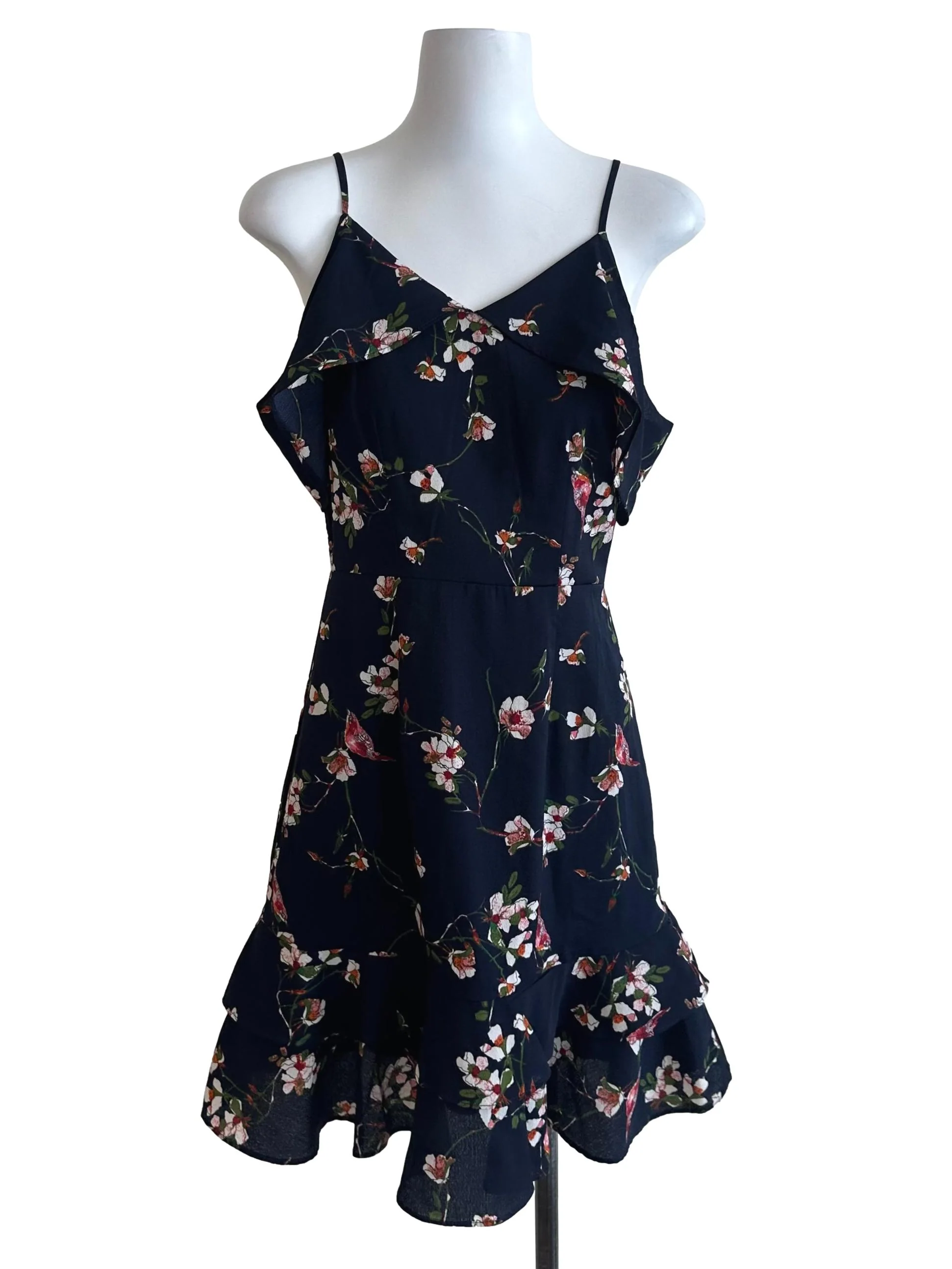 Navy Blue Floral V Neck Layered Dress
