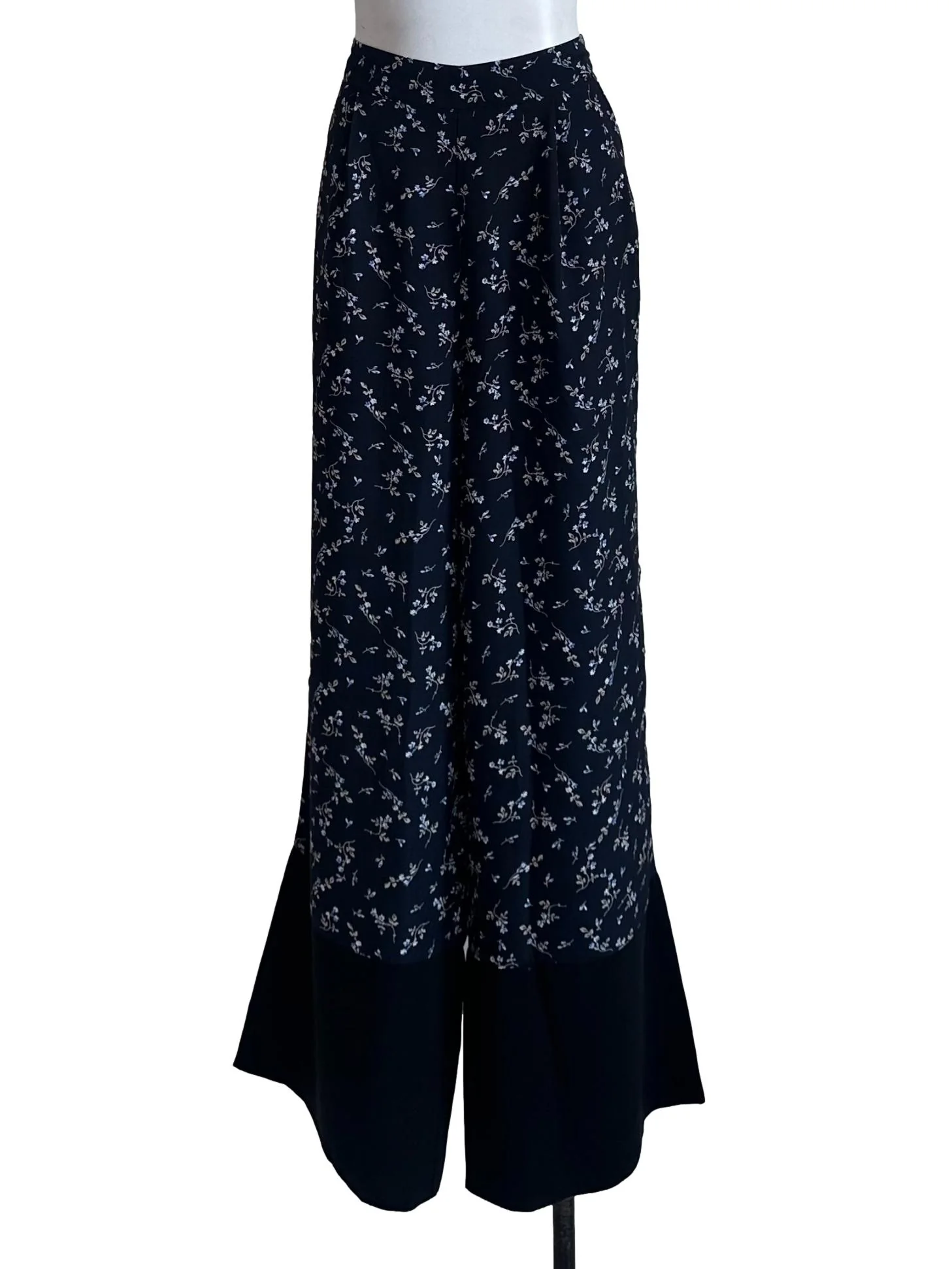 Navy Blue Floral Wide Leg Pants