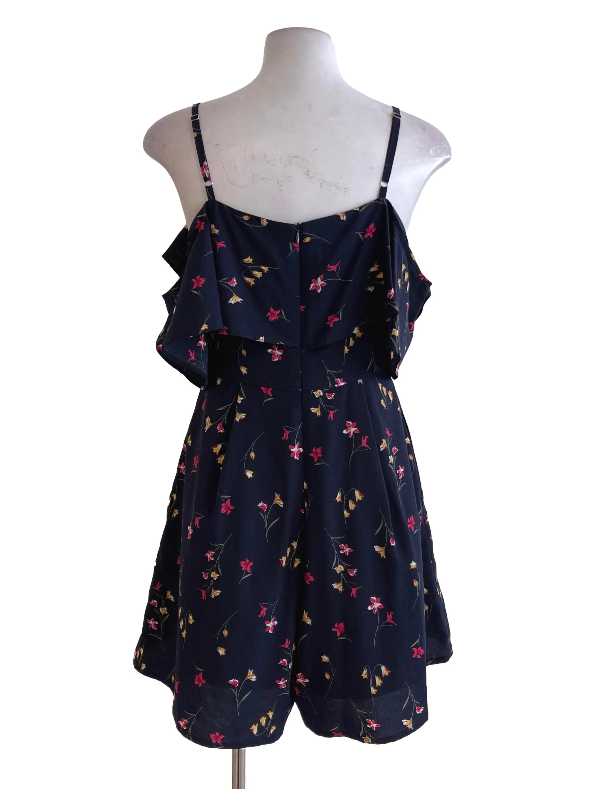 Navy Blue Lilies Printed Waterfall Bust Rompers - Image 2