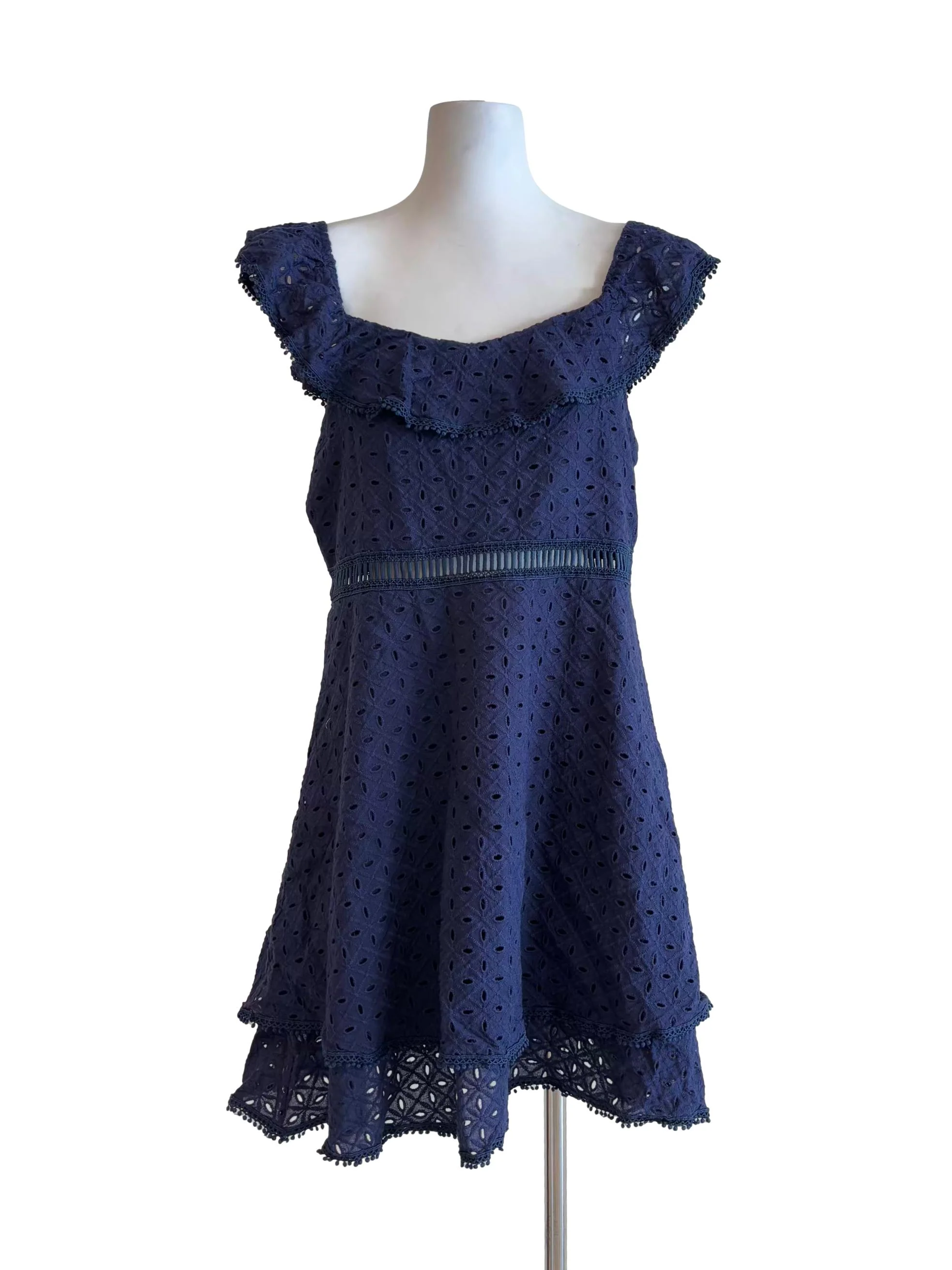 Navy Blue Off Shoulder Cotton Eyelet Dress