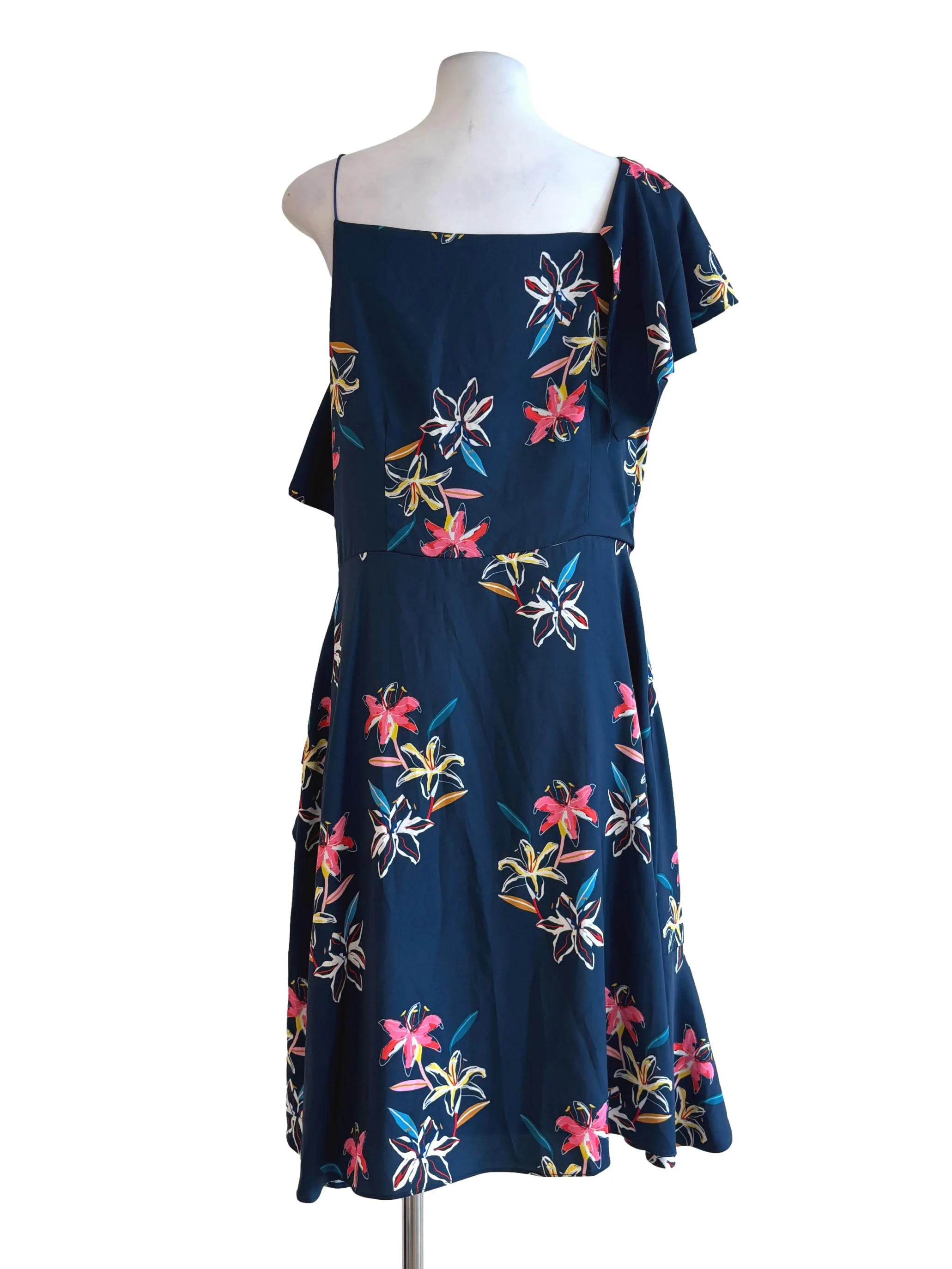 Navy Blue One Strap Floral Ruffle Dress - Image 2