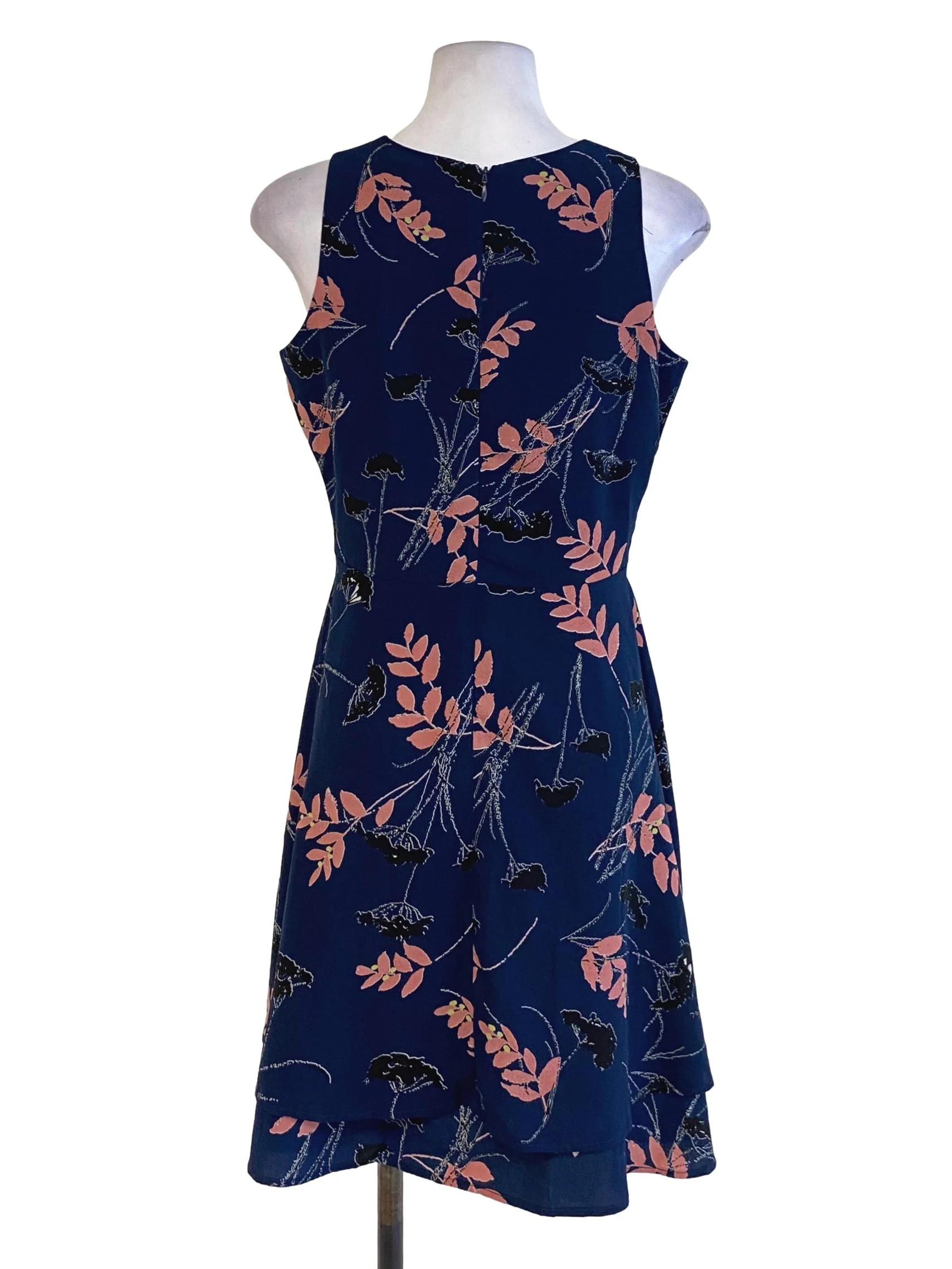 Navy Blue Pink Floral A-Line Dress LB - Image 2