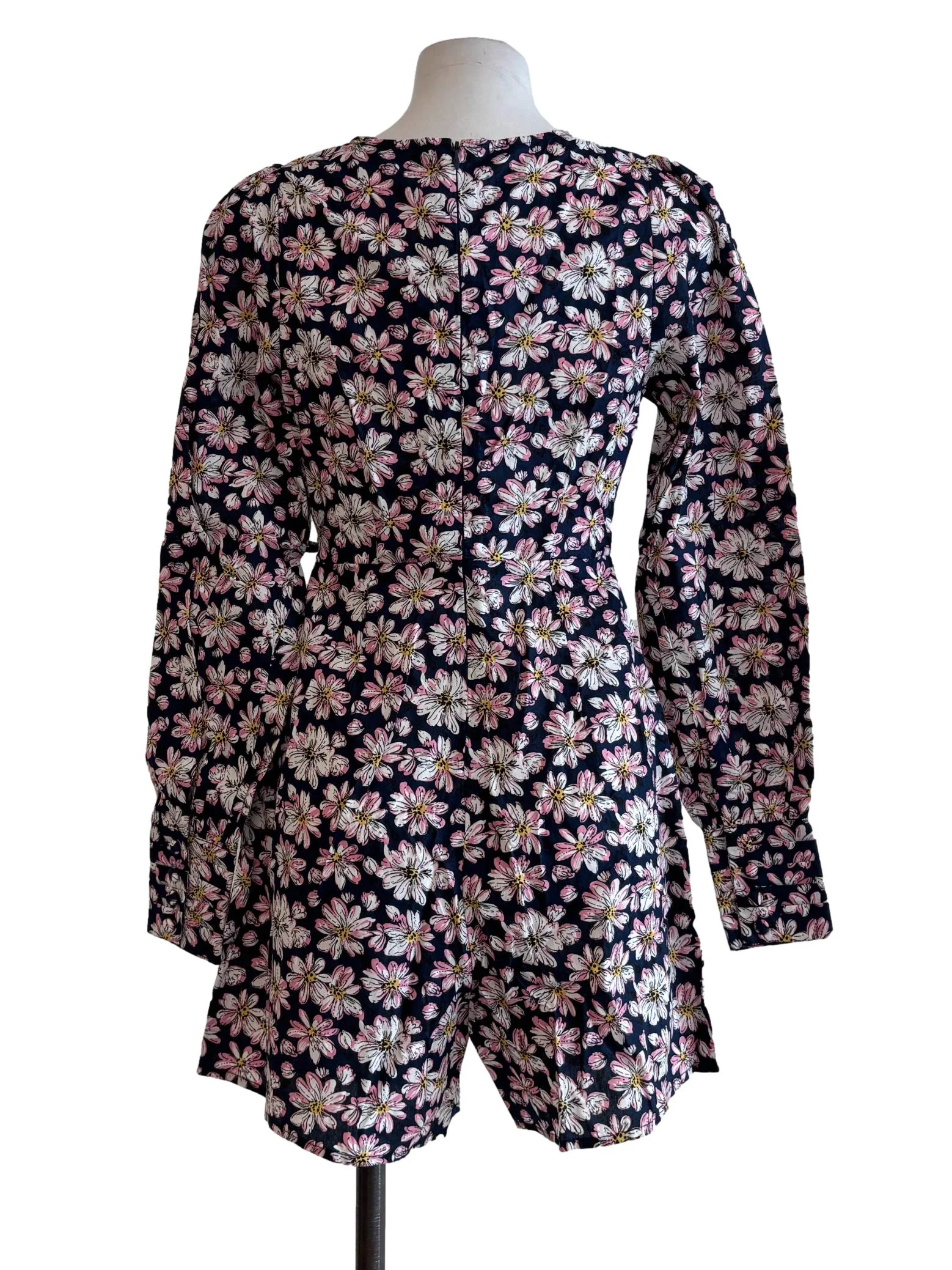 Navy Blue Pink Floral Cotton Dress - Image 2