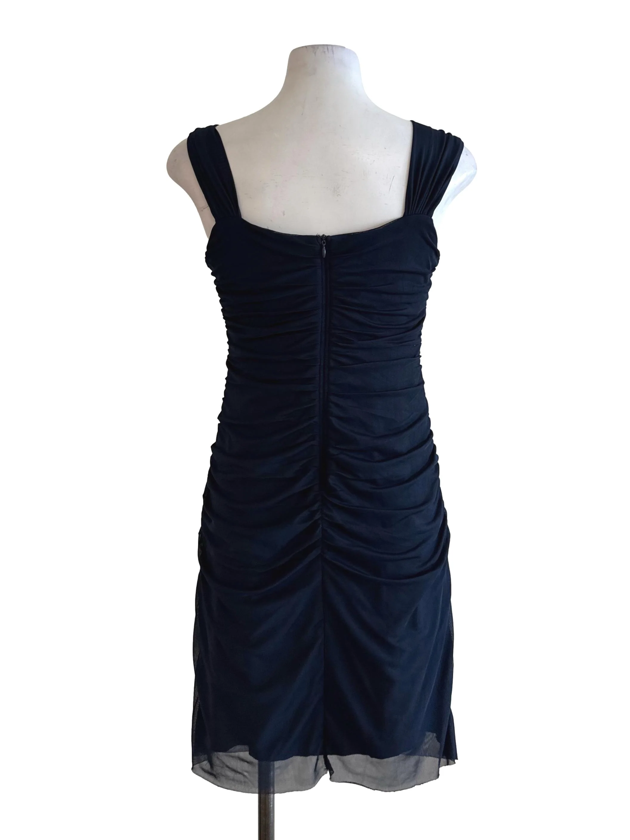 Navy Blue Ruched Mesh Net Dress - Image 2