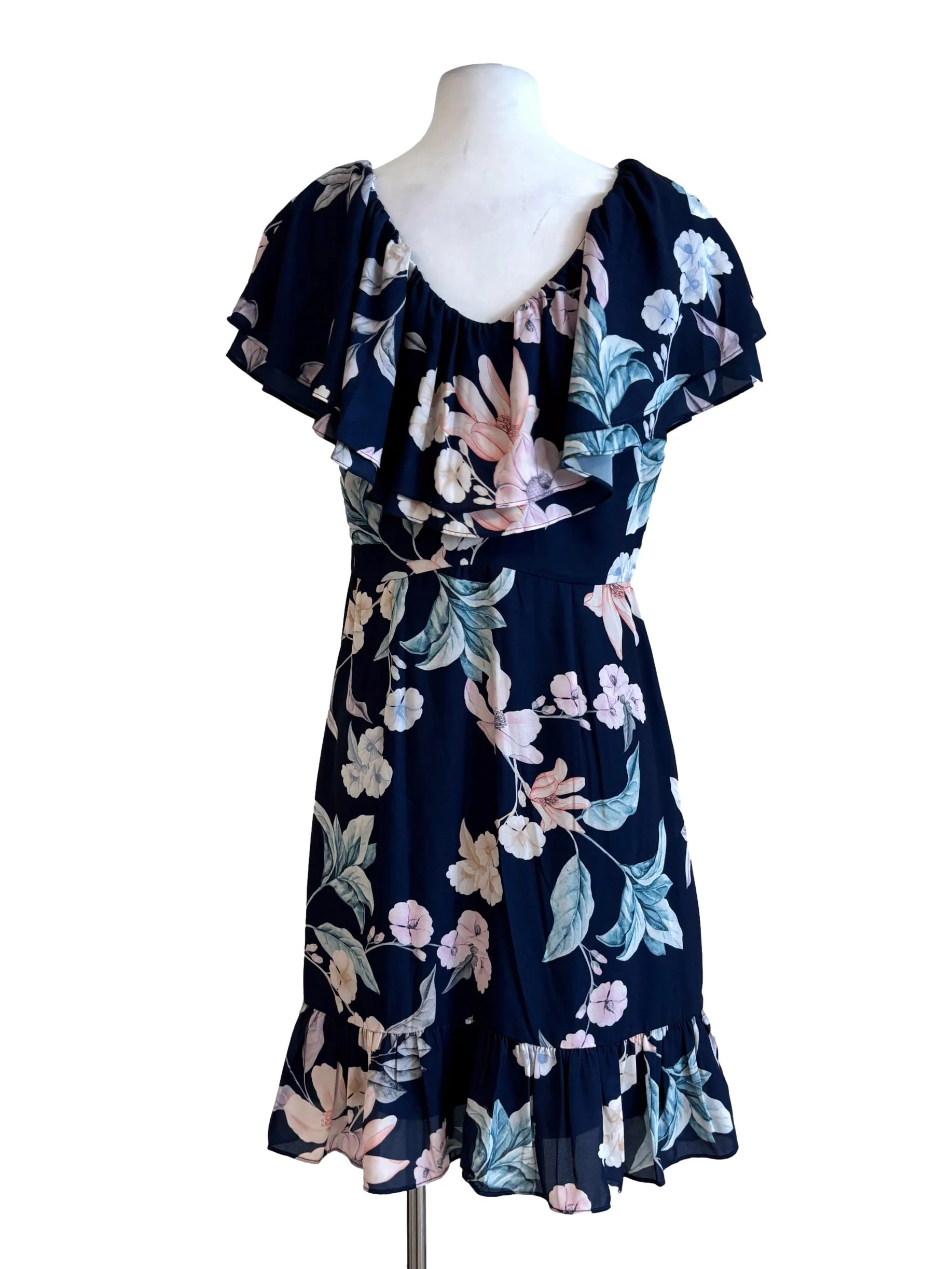 Navy Blue Ruffle Shoulder Floral Dress TCL - Image 2