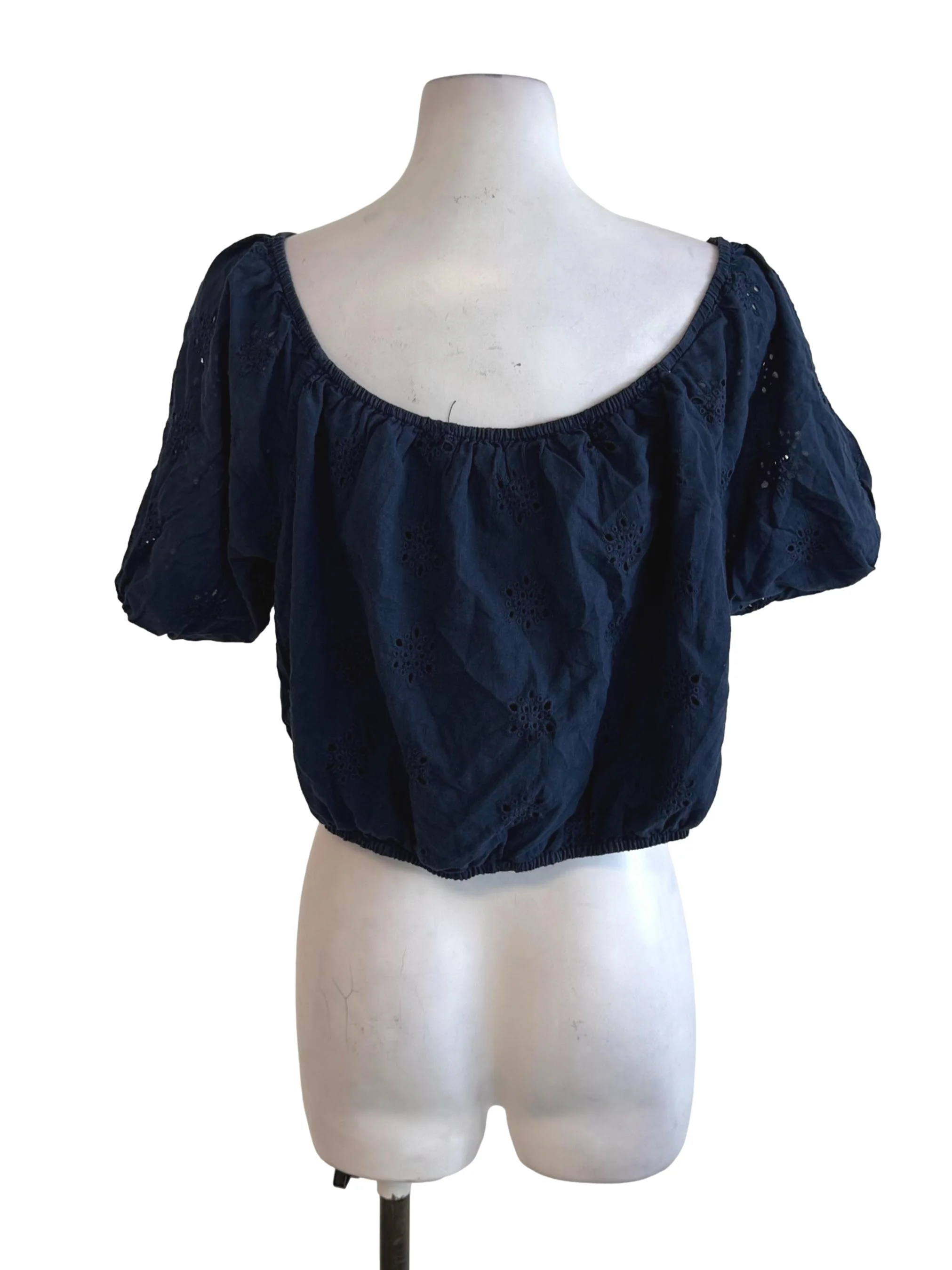 Navy Blue Scoop Eyelet Embroidery Top - Image 2