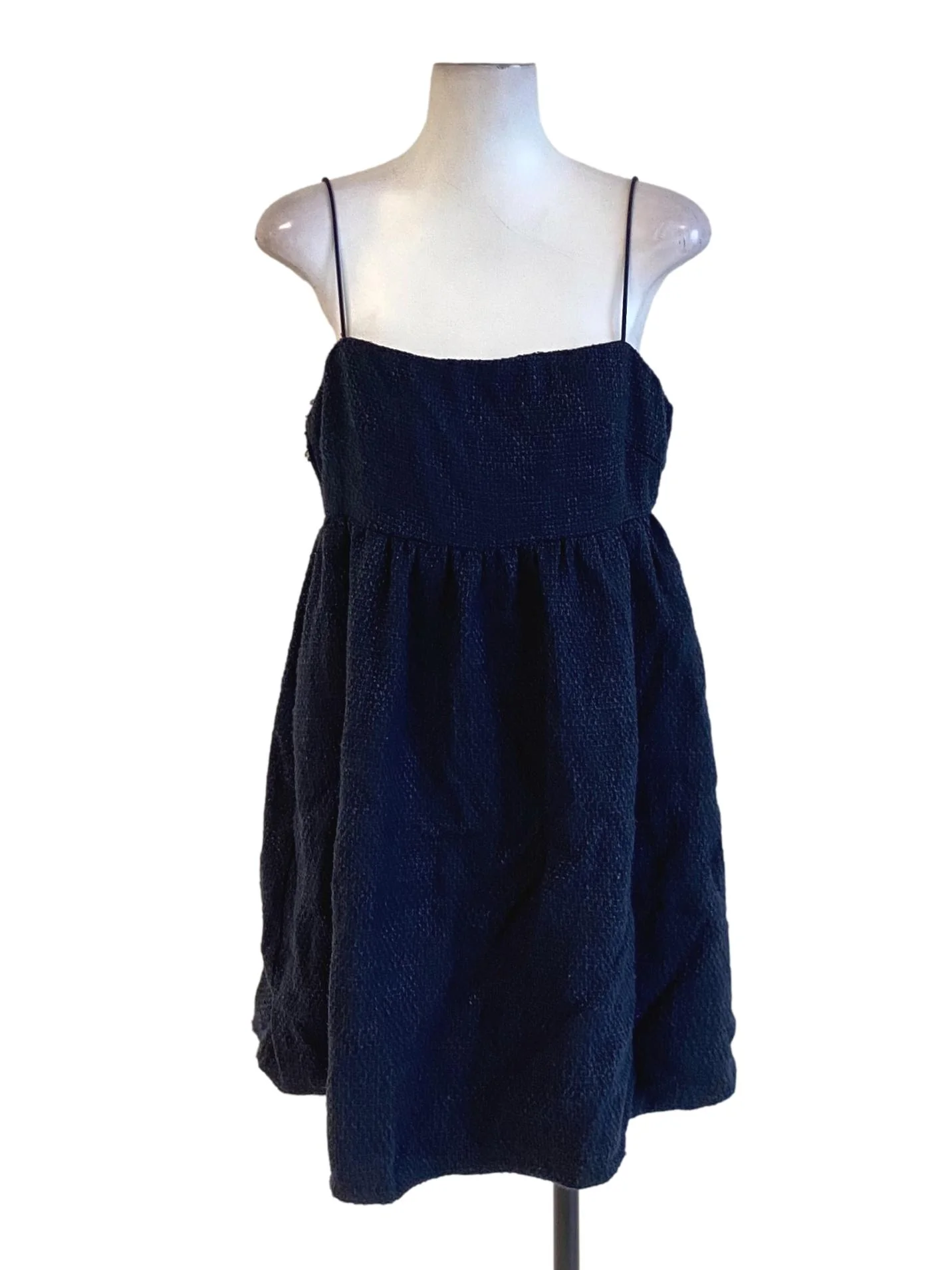 Navy Blue Spaghetti Strap Square Neck Mini Tweed Bouffant Dress