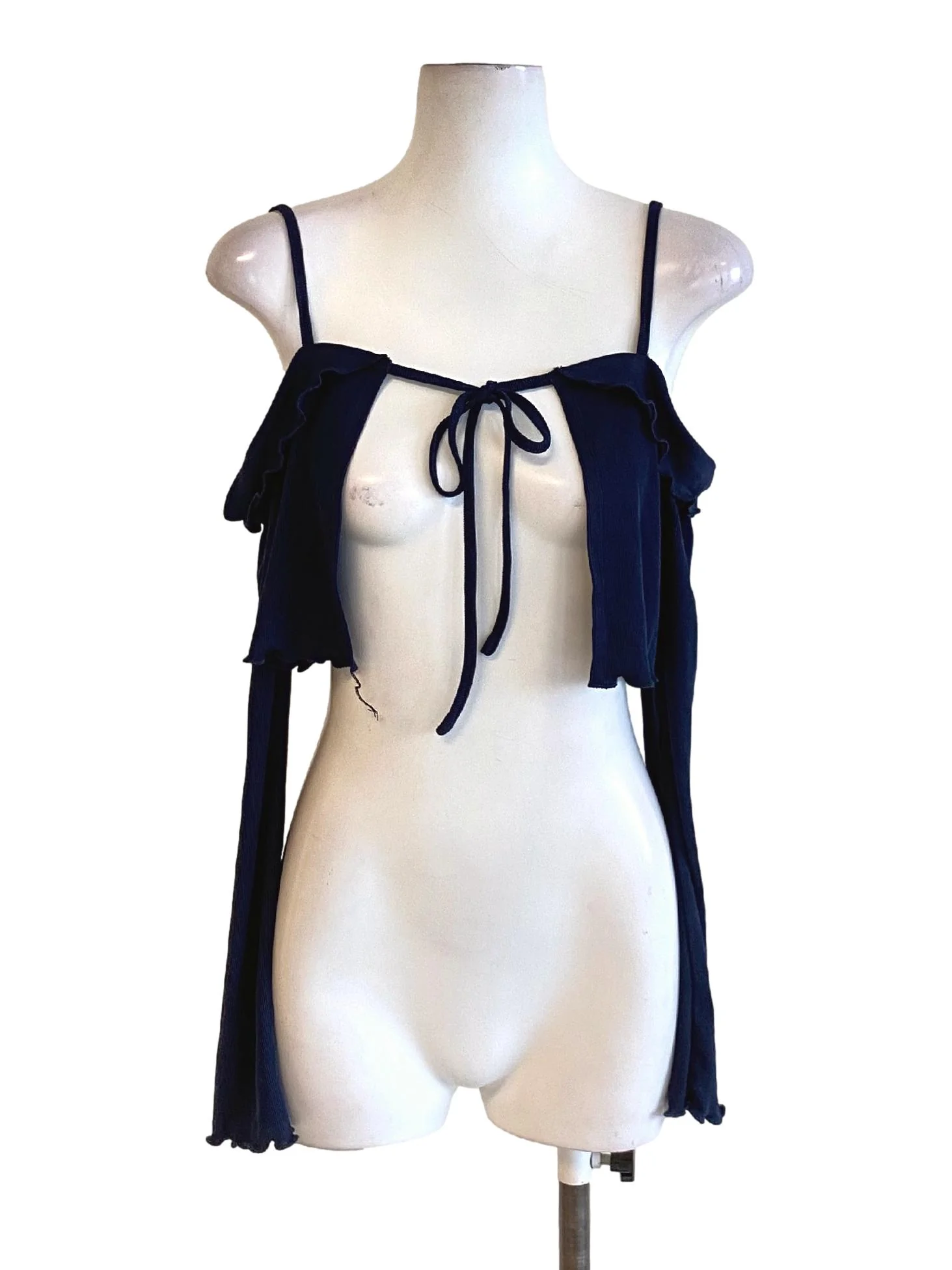 Navy Blue Spaghetti Strap Tie Front Buttonless Cropped Cardigan