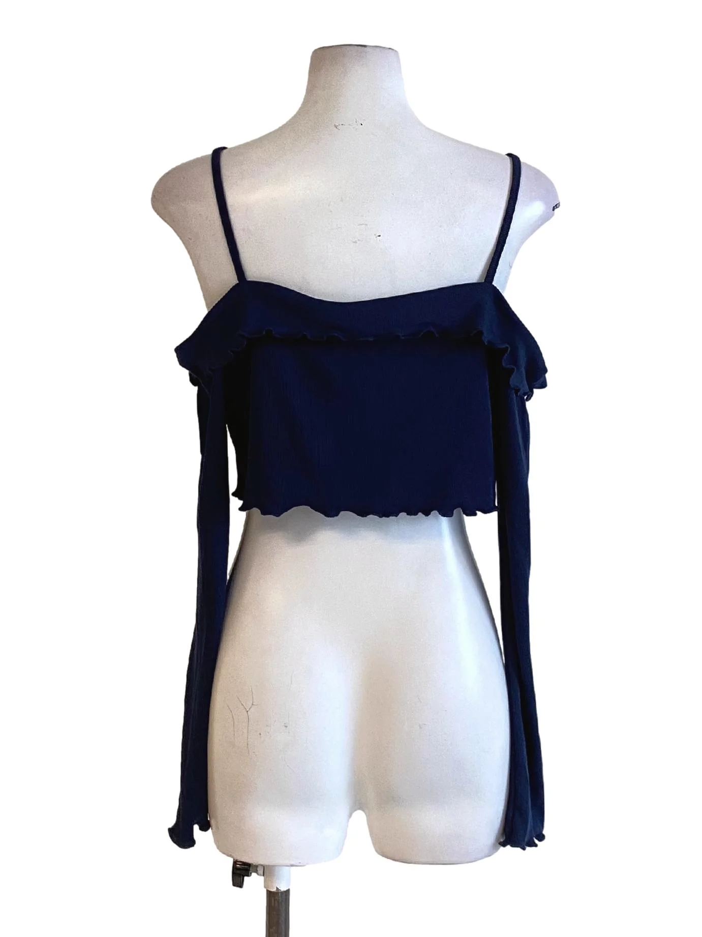 Navy Blue Spaghetti Strap Tie Front Buttonless Cropped Cardigan - Image 2