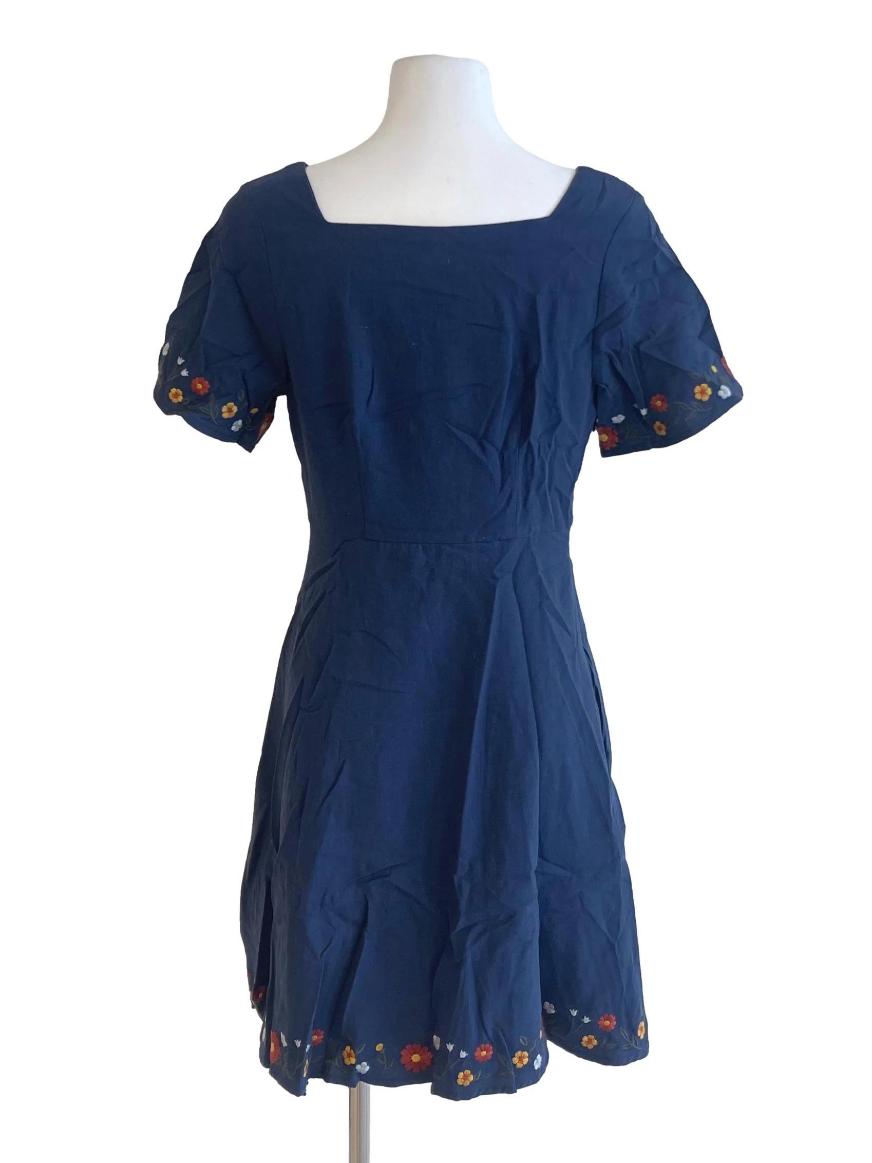 Navy Blue Square Neck Embroidered Sleeve Dress - Image 2