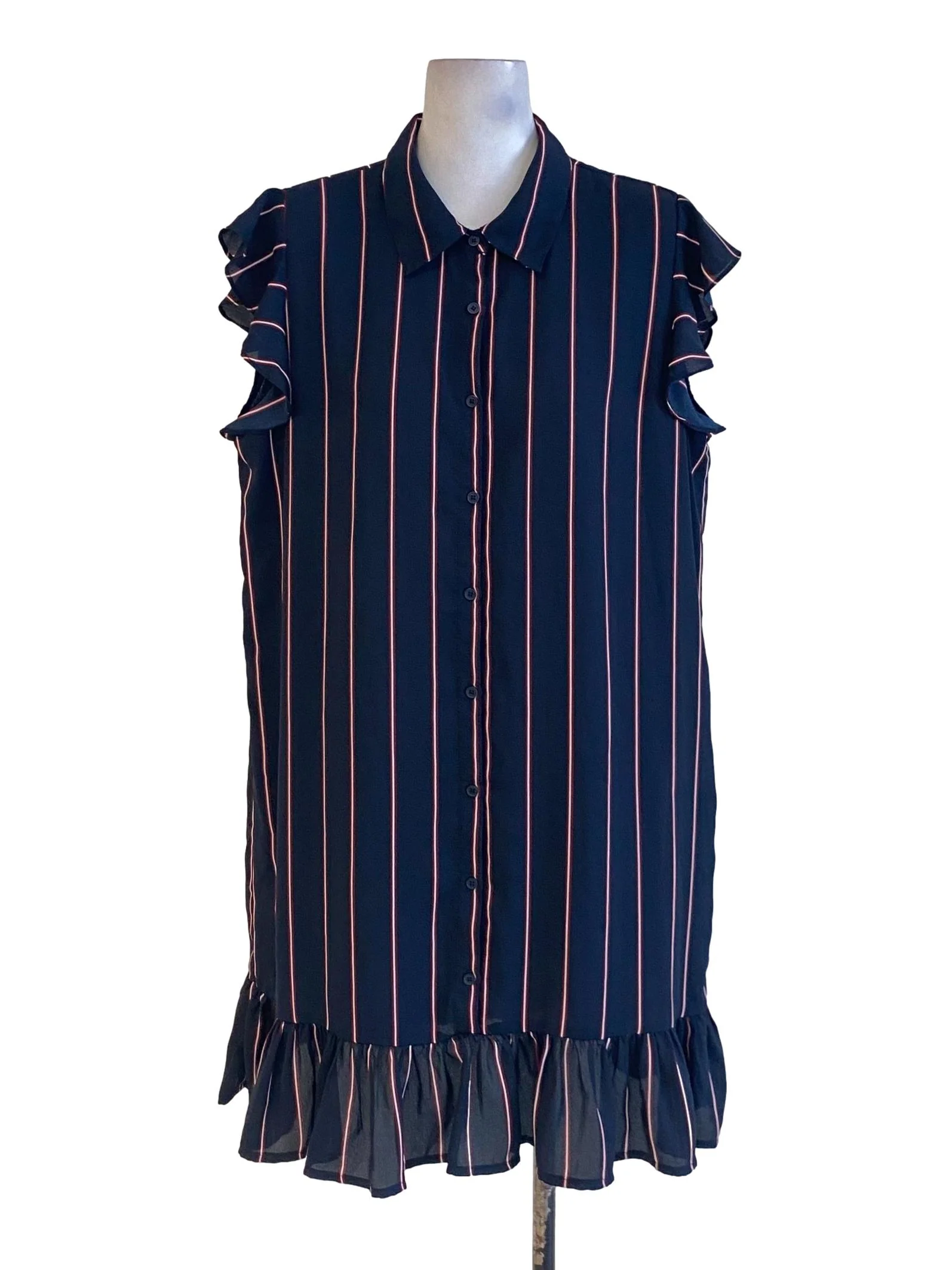 Navy Blue Stripes Buttoned Down Ruffle Sleeve Drop Waist Dress
