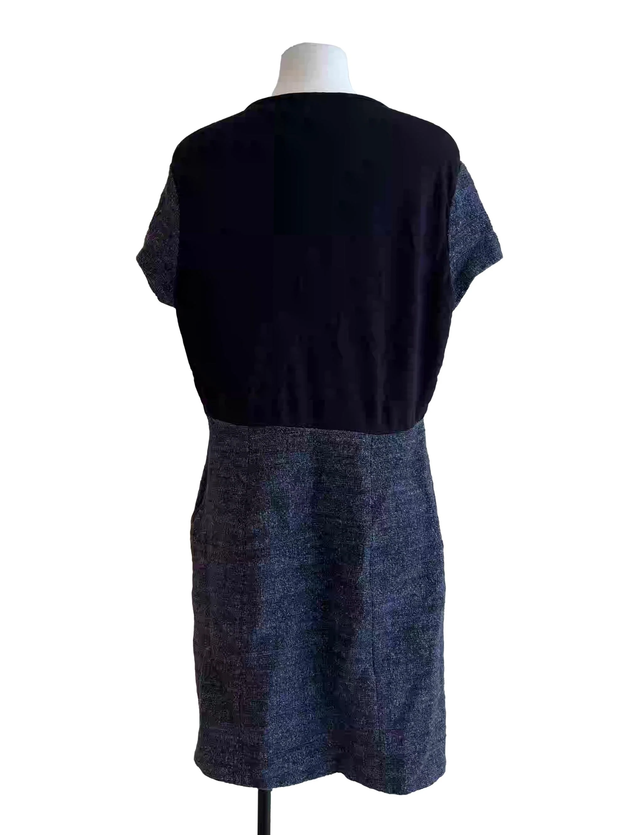 Navy Blue Textured Short Sleeve A-Line Dress - Image 2