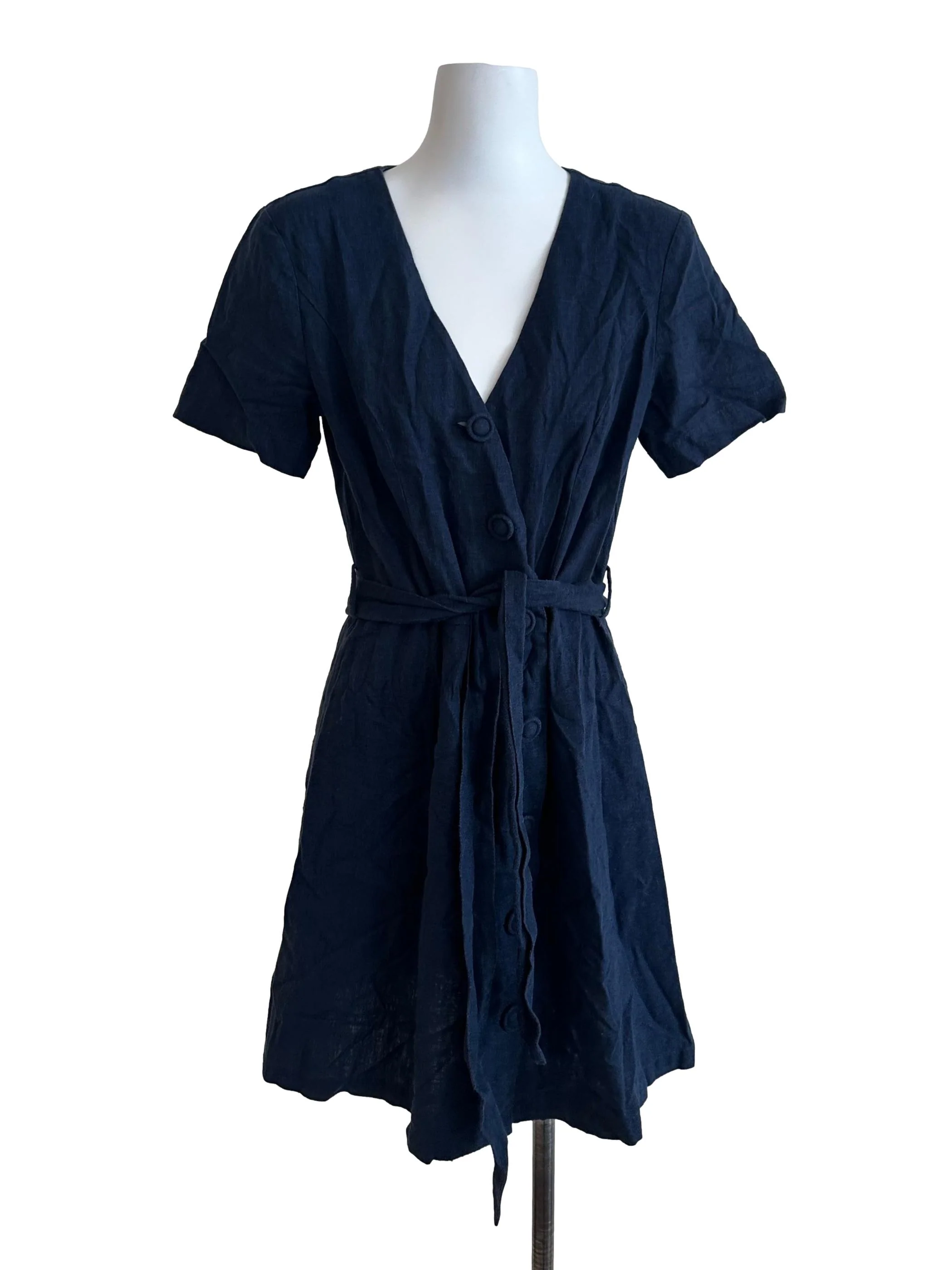 Navy Blue V Neck Button Linen Dress