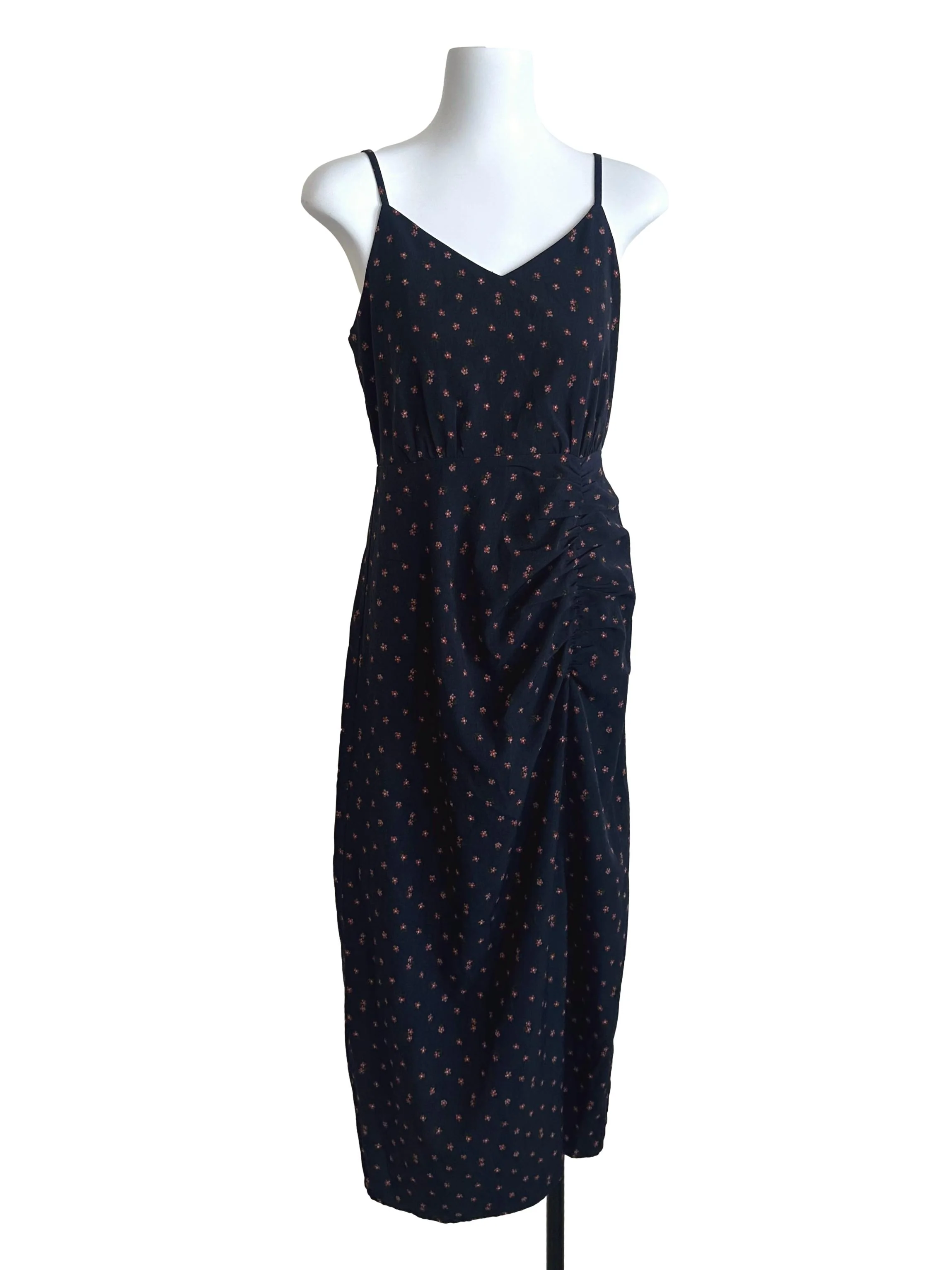 Navy Blue V Neck Floral Side Ruched Dress TWL