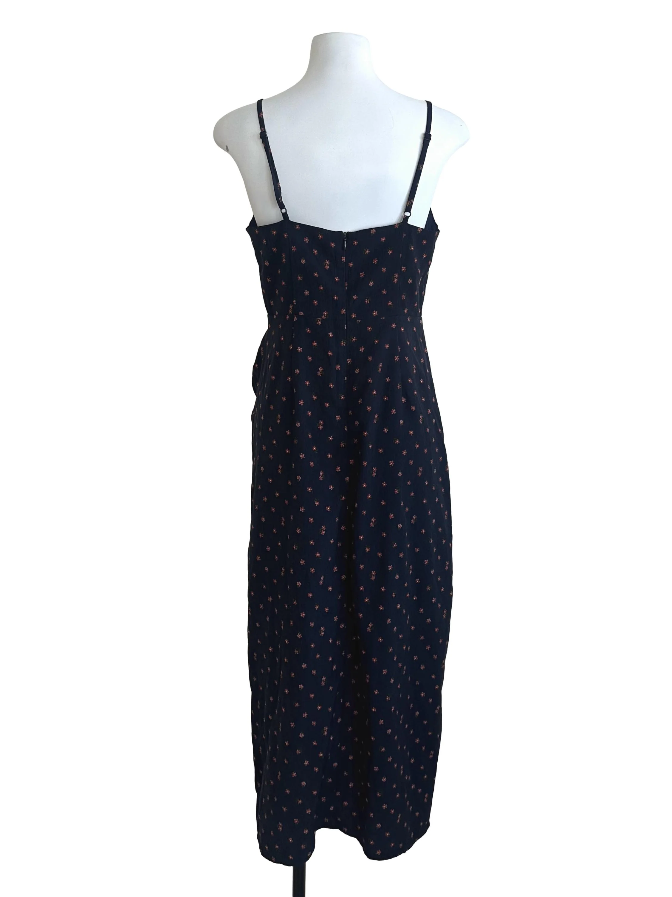 Navy Blue V Neck Floral Side Ruched Dress TWL - Image 2