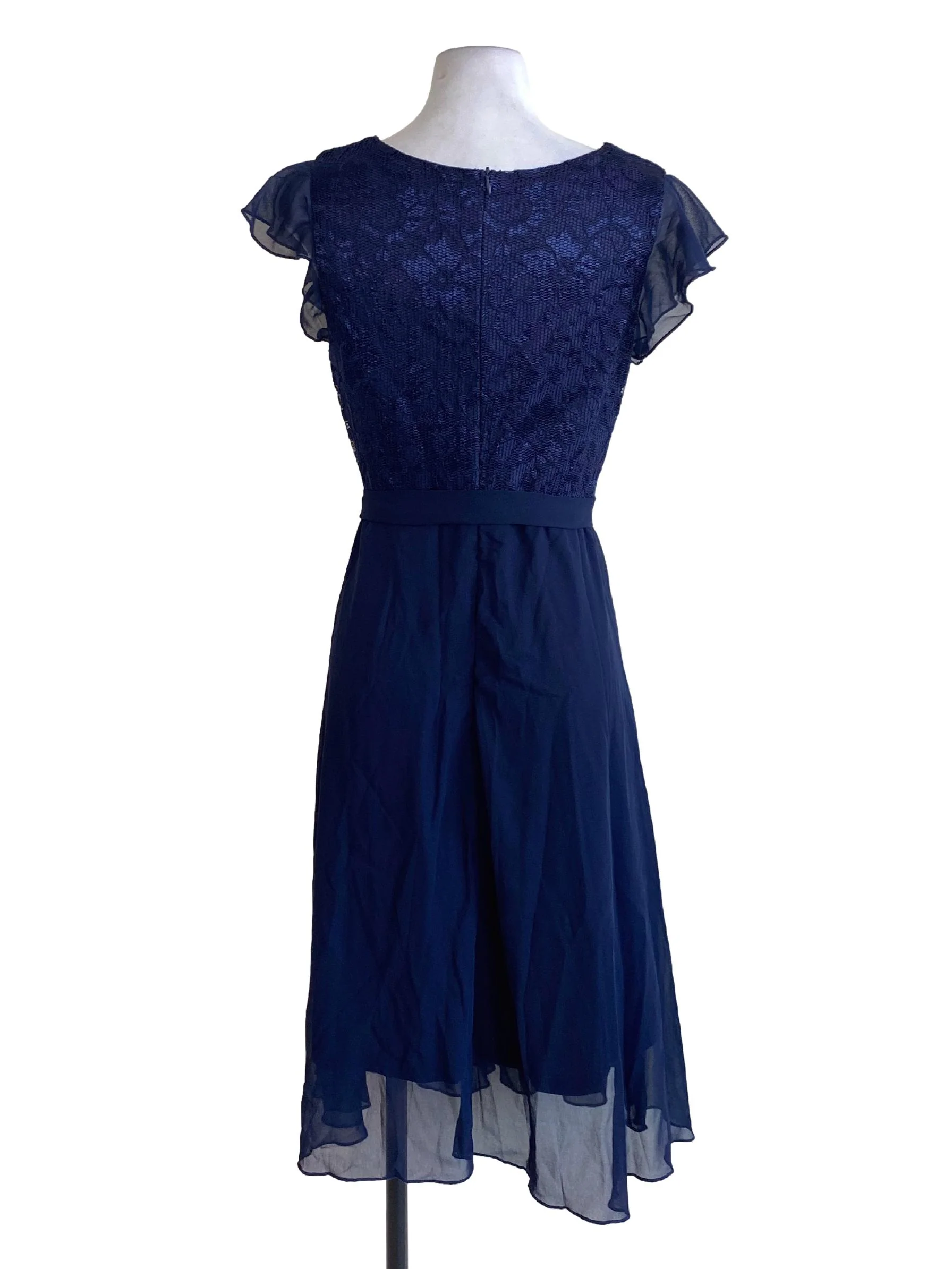 Navy Blue V-Neck Mesh Cape Sleeve Tie Waist Dress - Image 2