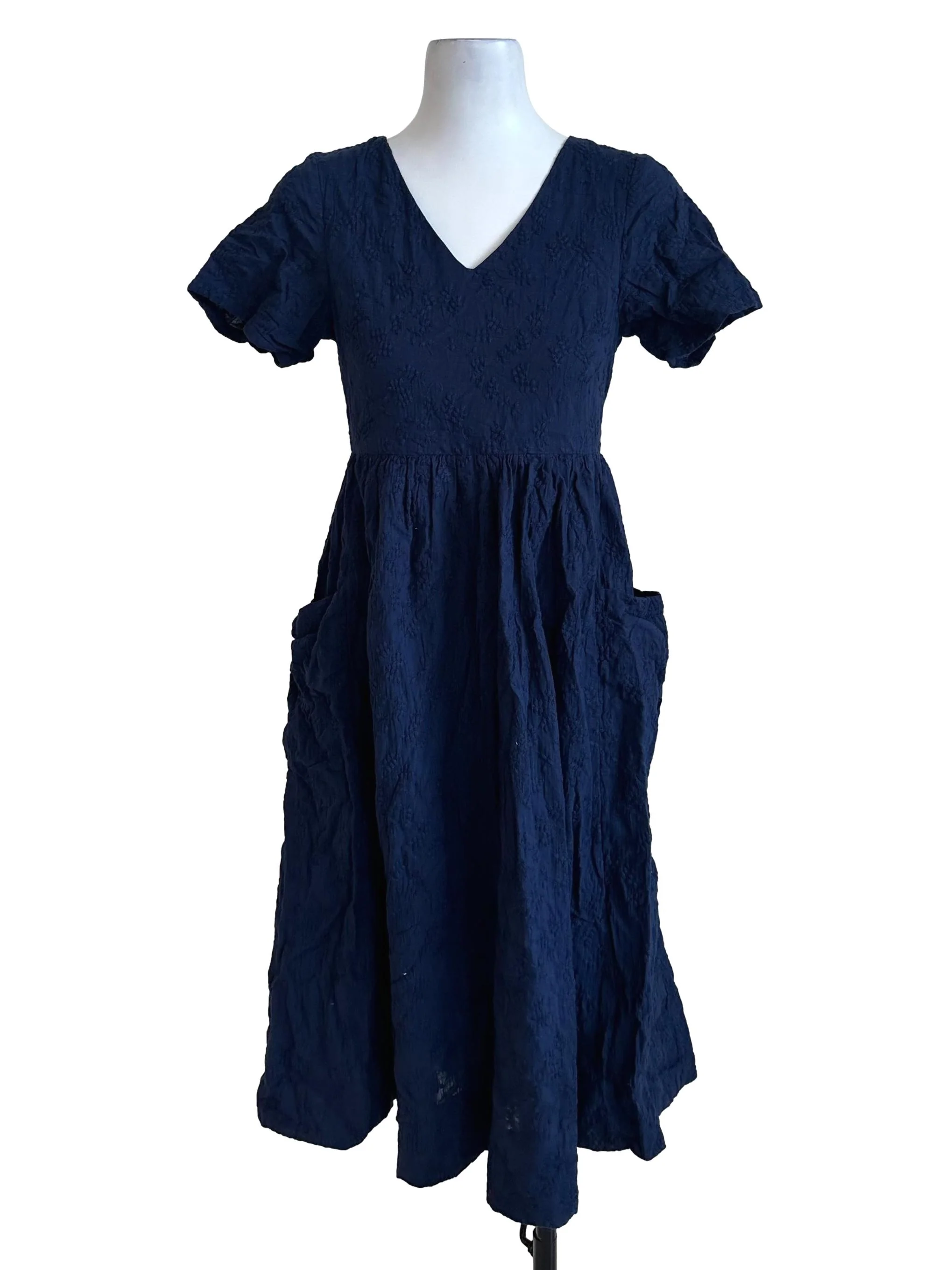 Navy Blue V Neck Textured Dress