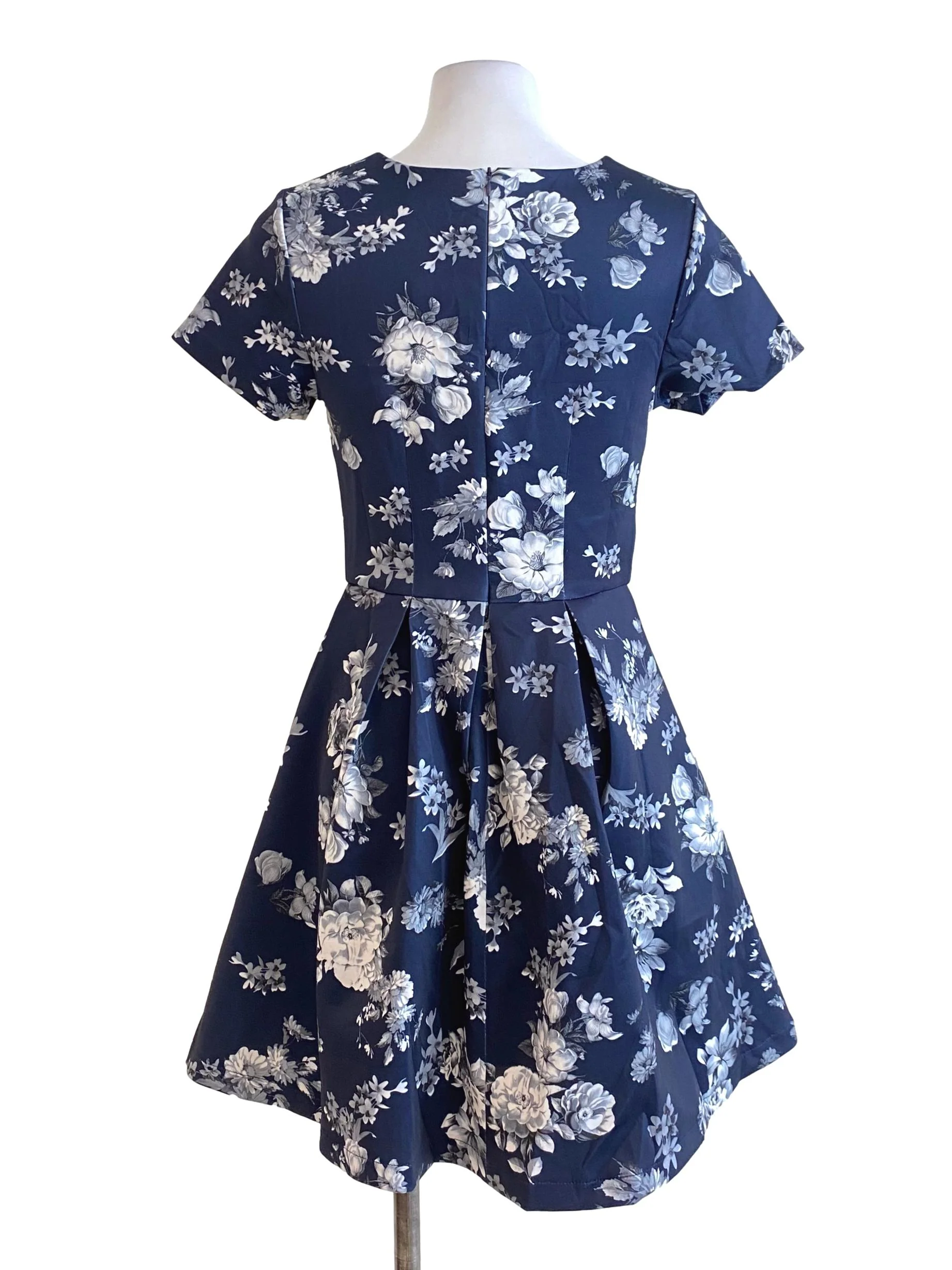 Navy Blue White Floral Empire Mini Dress - Image 2