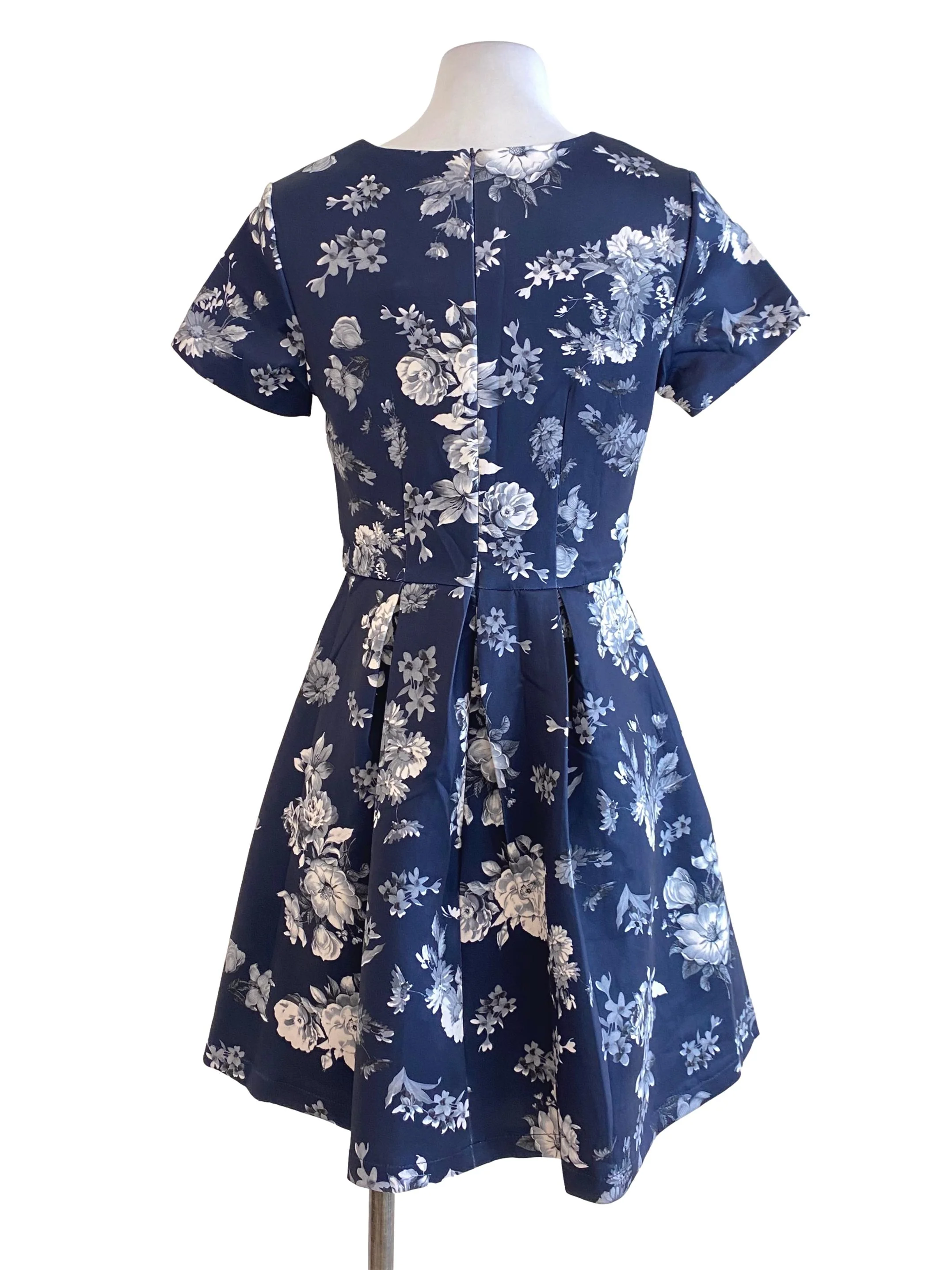 Navy Blue White Floral Empire Mini Dress - Image 2