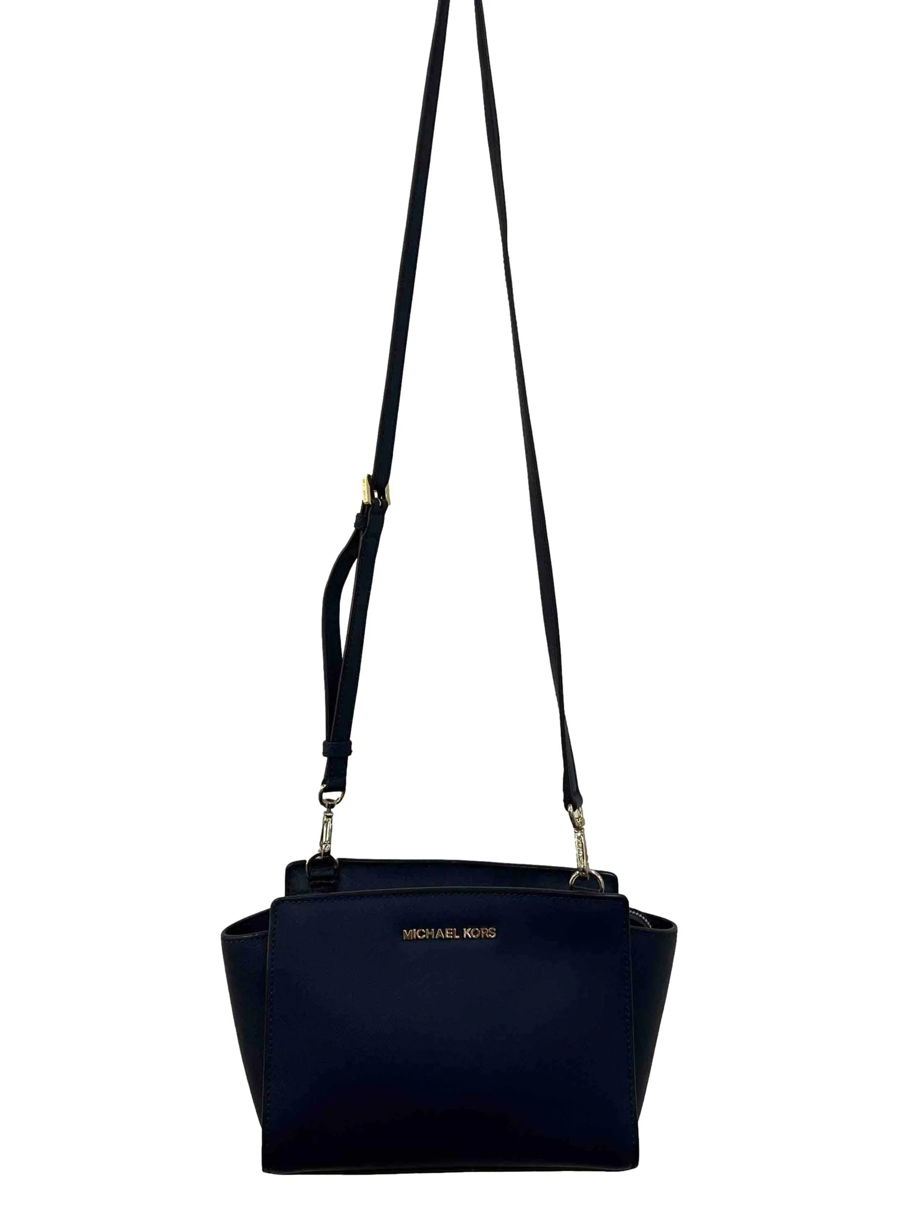 Navy Selma Saffiano Leather Mini Messenger Bag