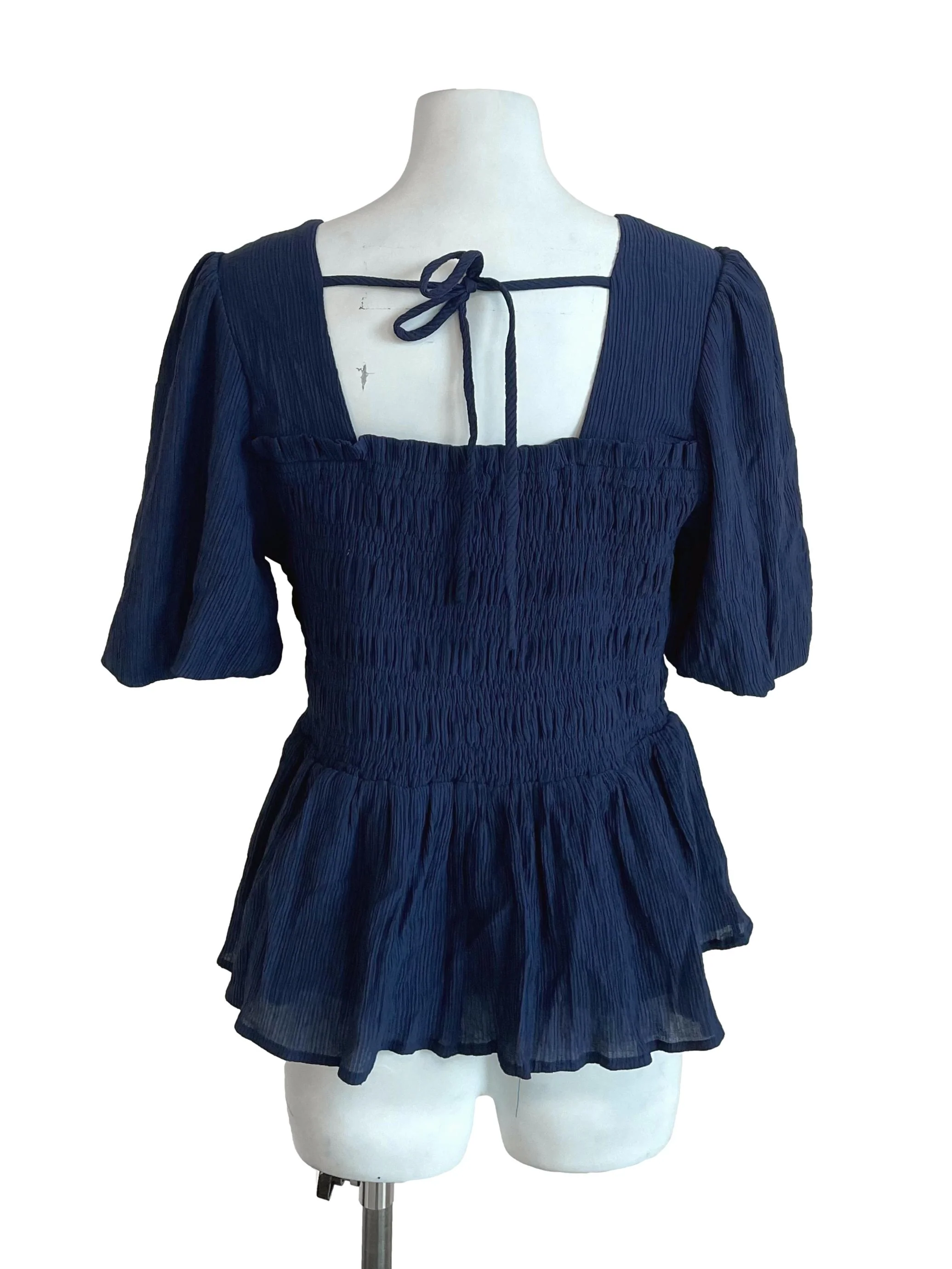 Navy Shirred Peplum Top - Image 2