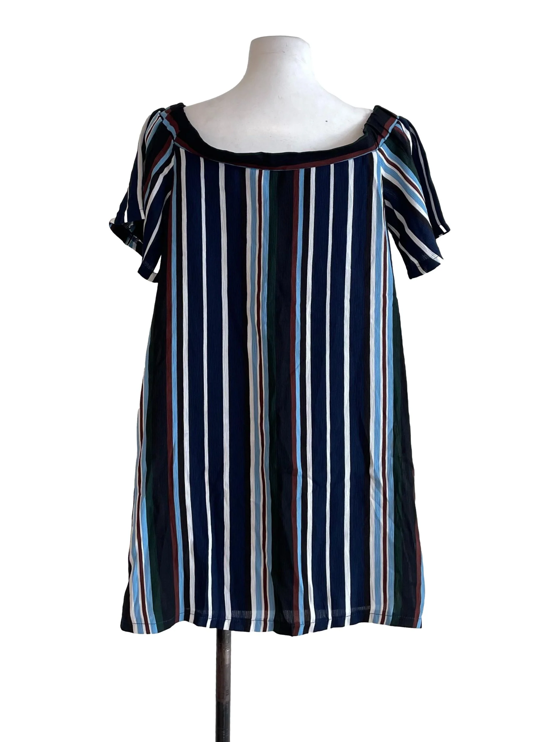 Navy Stripe Off Shoulder Dress - Image 2