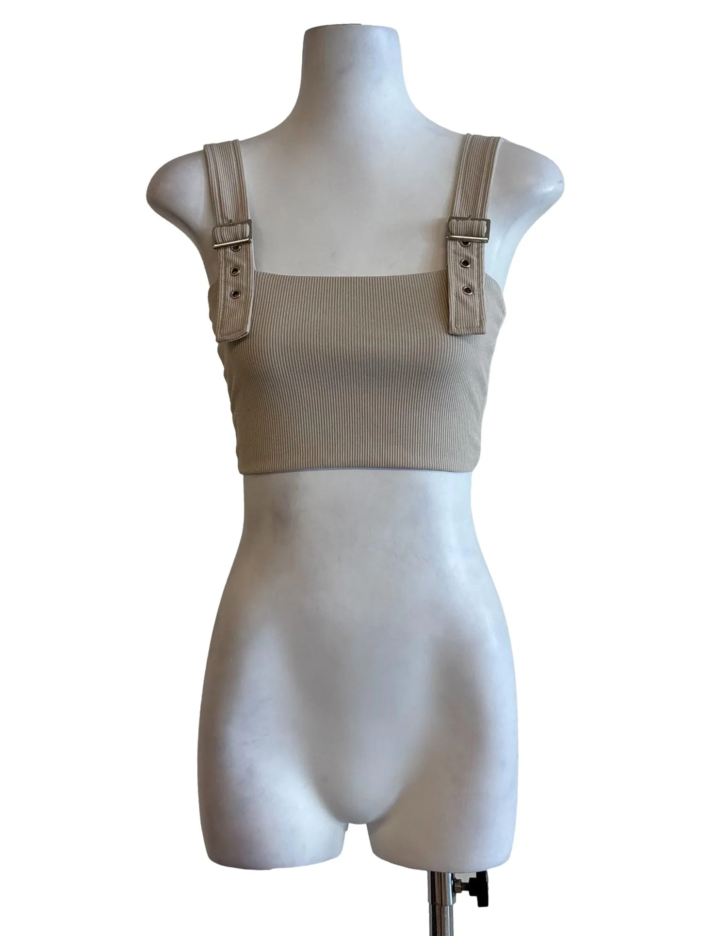 Nude Beige Buckle Strap Ribbed Top