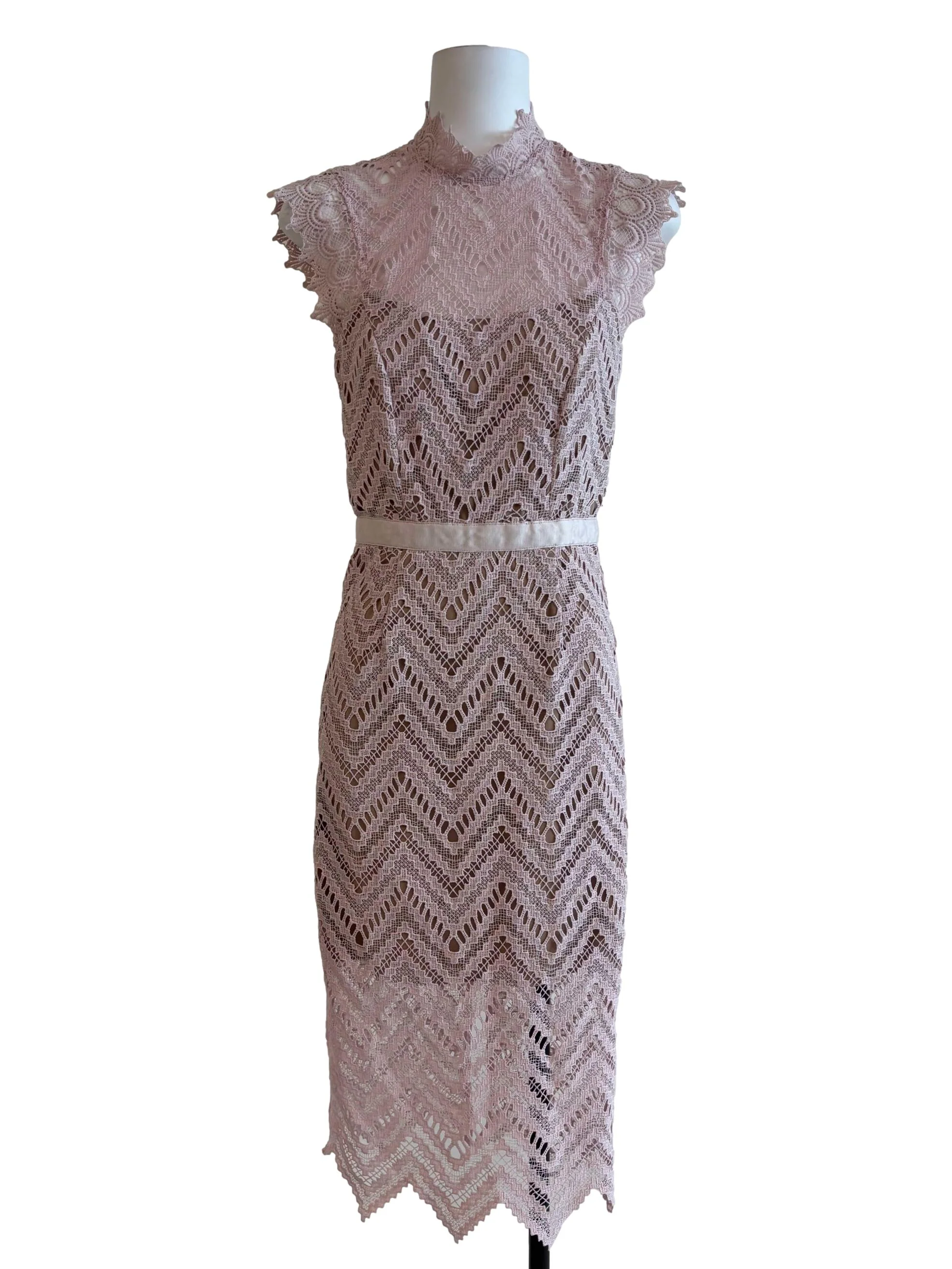 Nude Pink Mock Neck Lace Dress