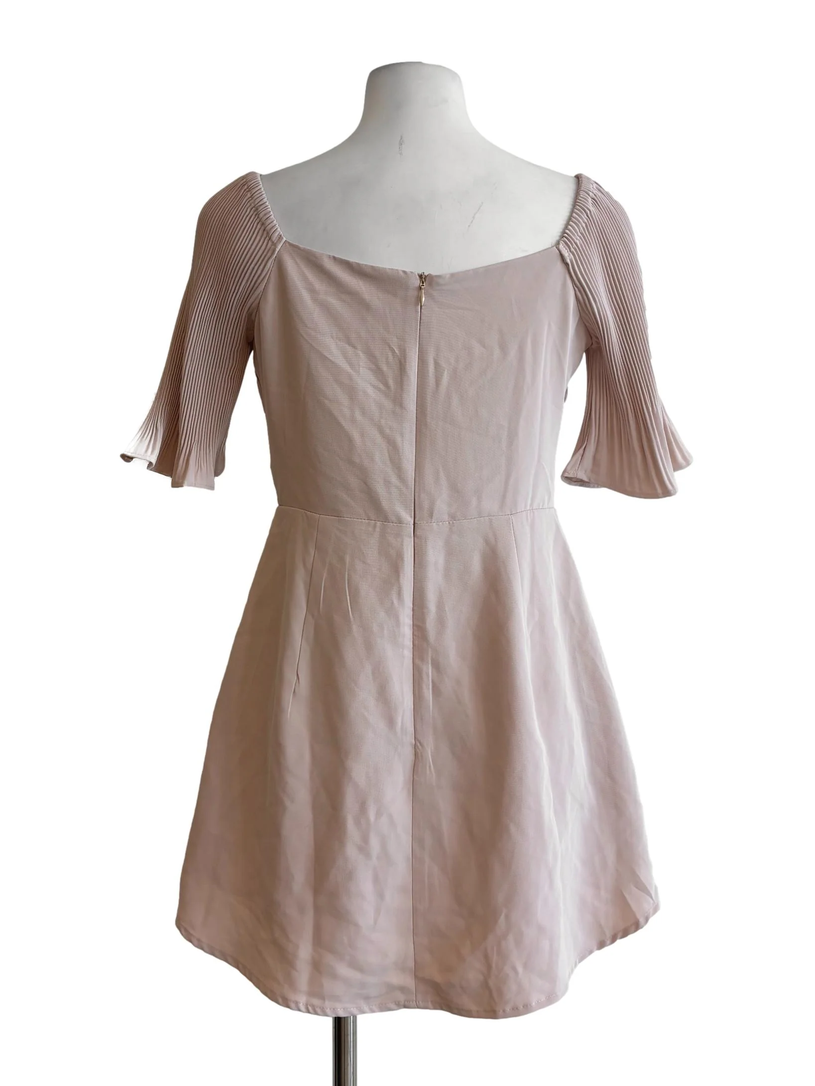 Nude Pink Square Neck Pleated Dress - Image 2