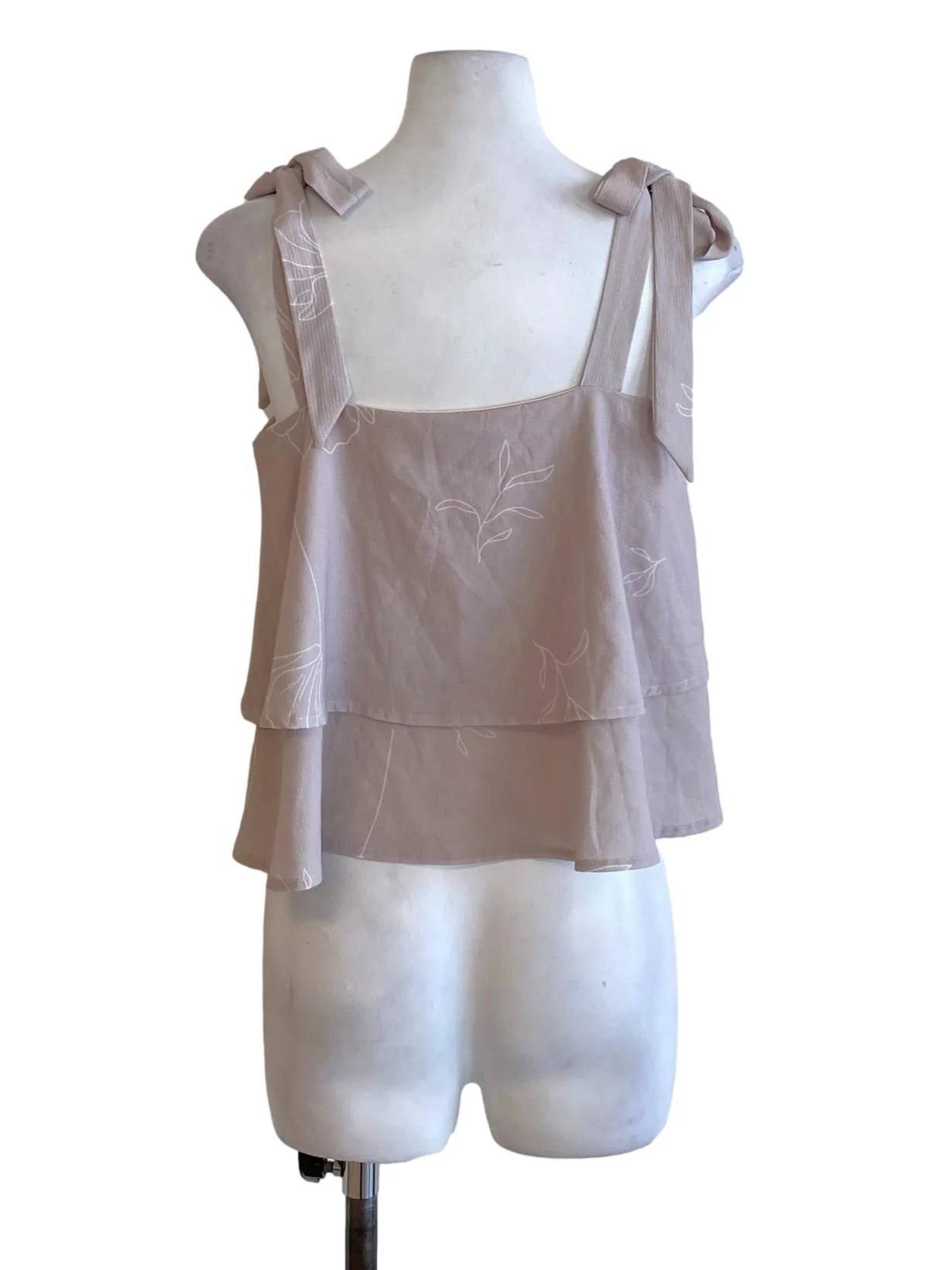 Oat Brown Petal Printed Tie Strap Flowy Top - Image 2