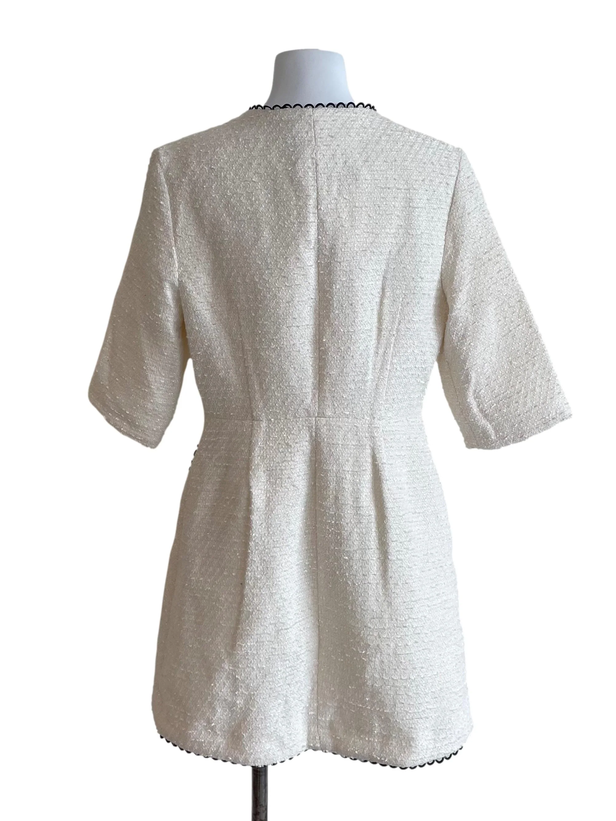 Off White Contrast Trim Shiny Tweed Dress - Image 2