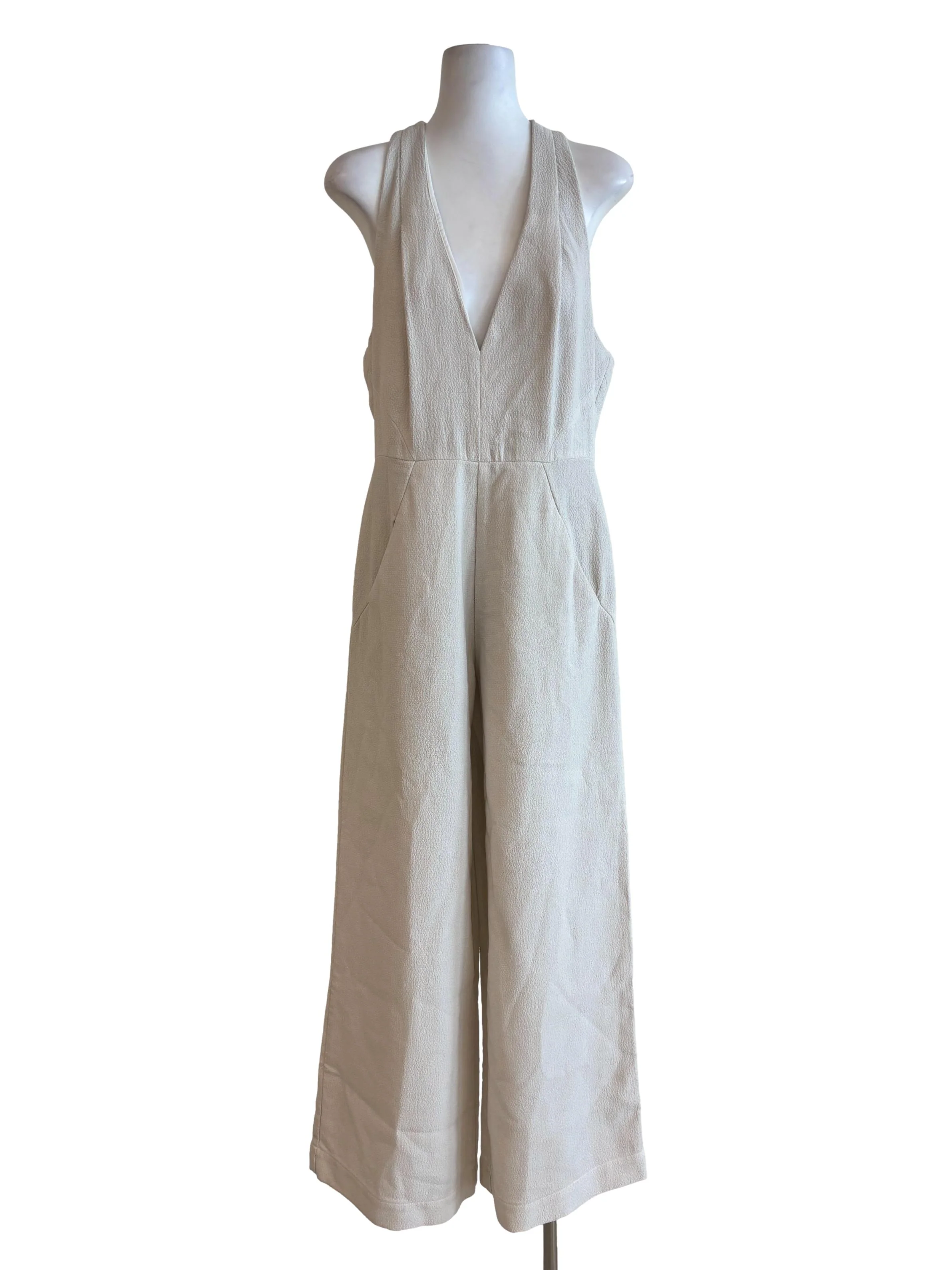 Off White Plunge Neck Plain Jumpsuit