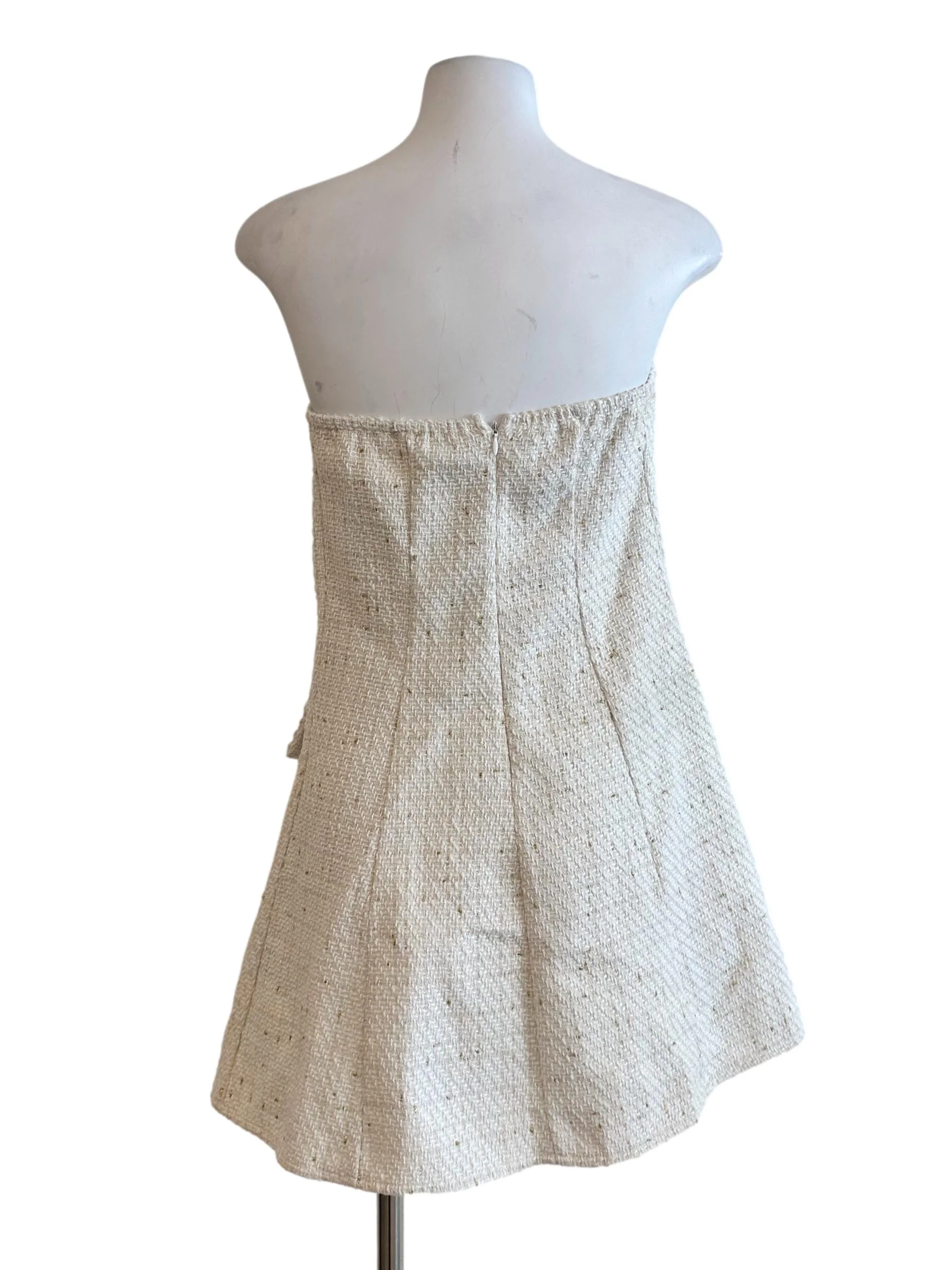 Off White Tweed Pattern Strapless Dress - Image 2