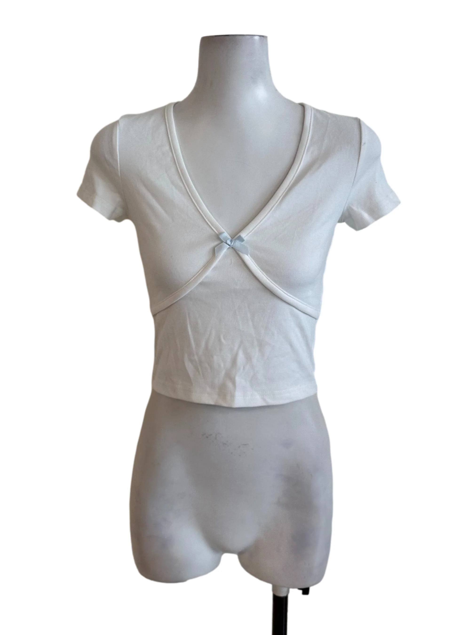 Off White V Neck Ribbon Top