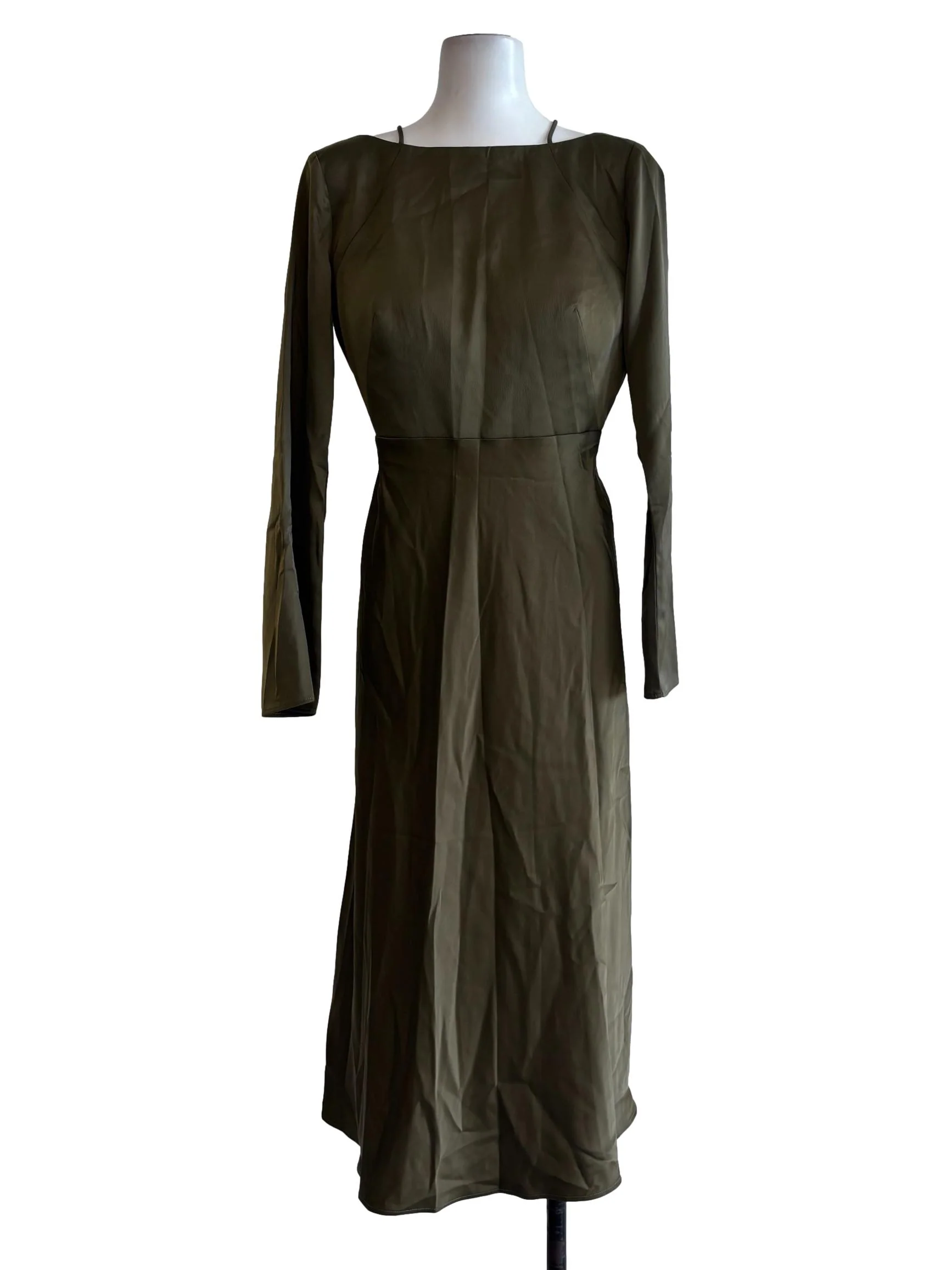 Olive Green Long Sleeve Satin Dress