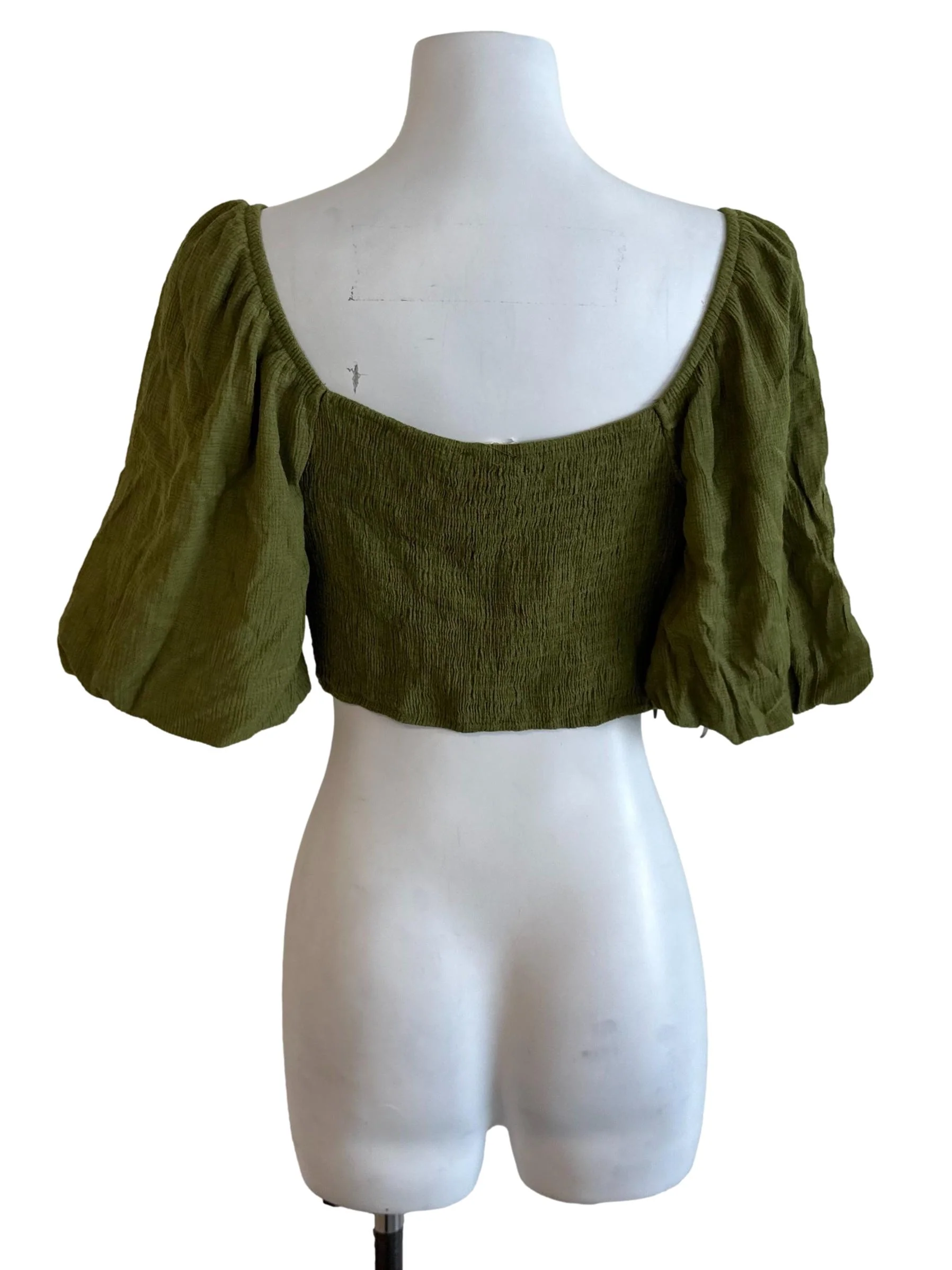 Olive Green Textured Puff Sleeve Top - Image 2