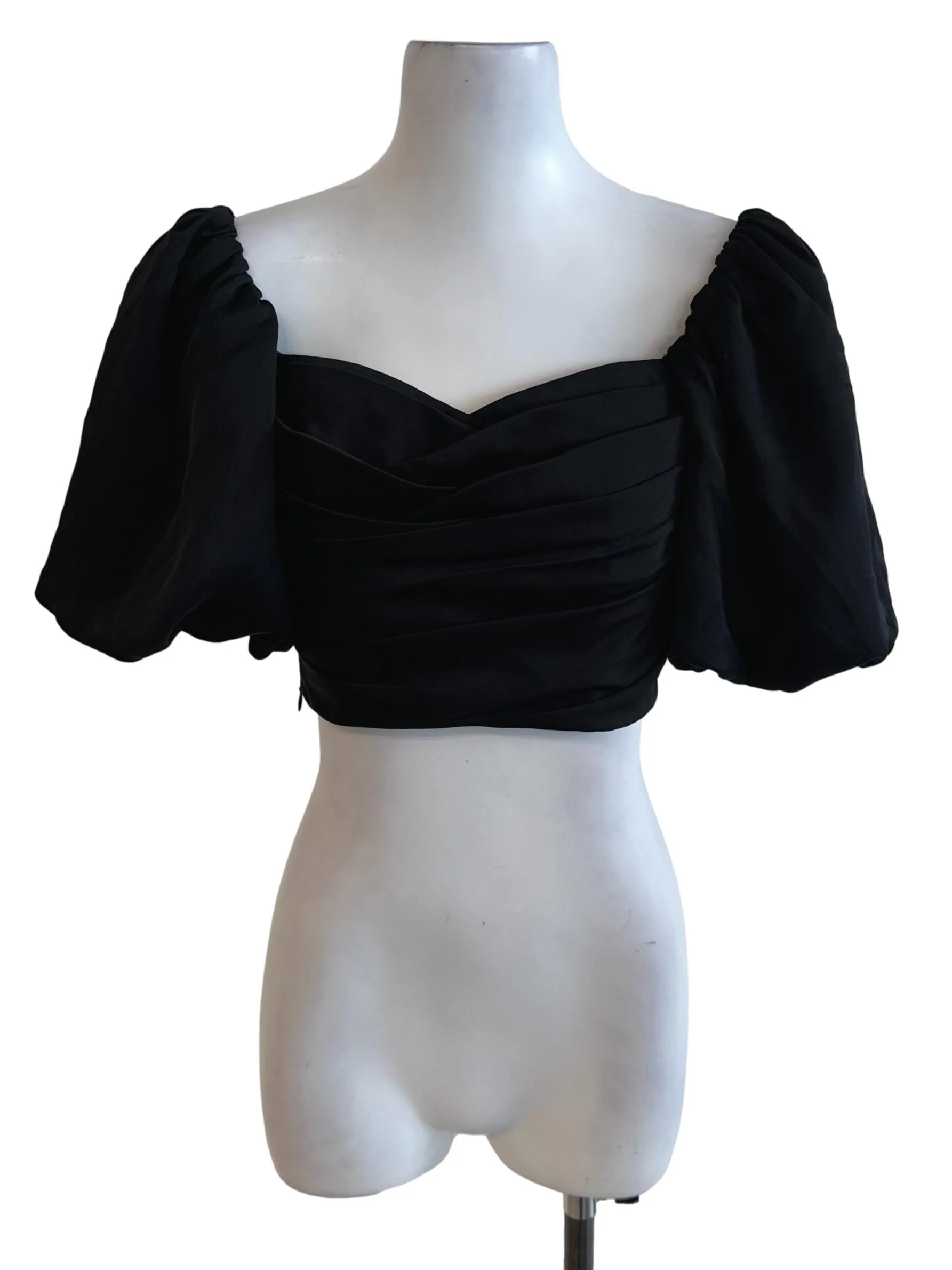 Onyx Black Pleated Ruched Puff Sleeve Crop Top
