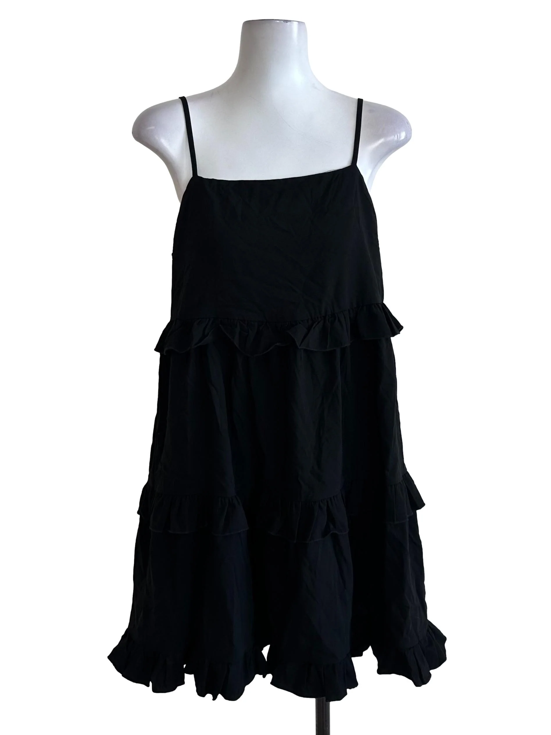 Onyx Black Square Neck Ruffle Tiered Dress