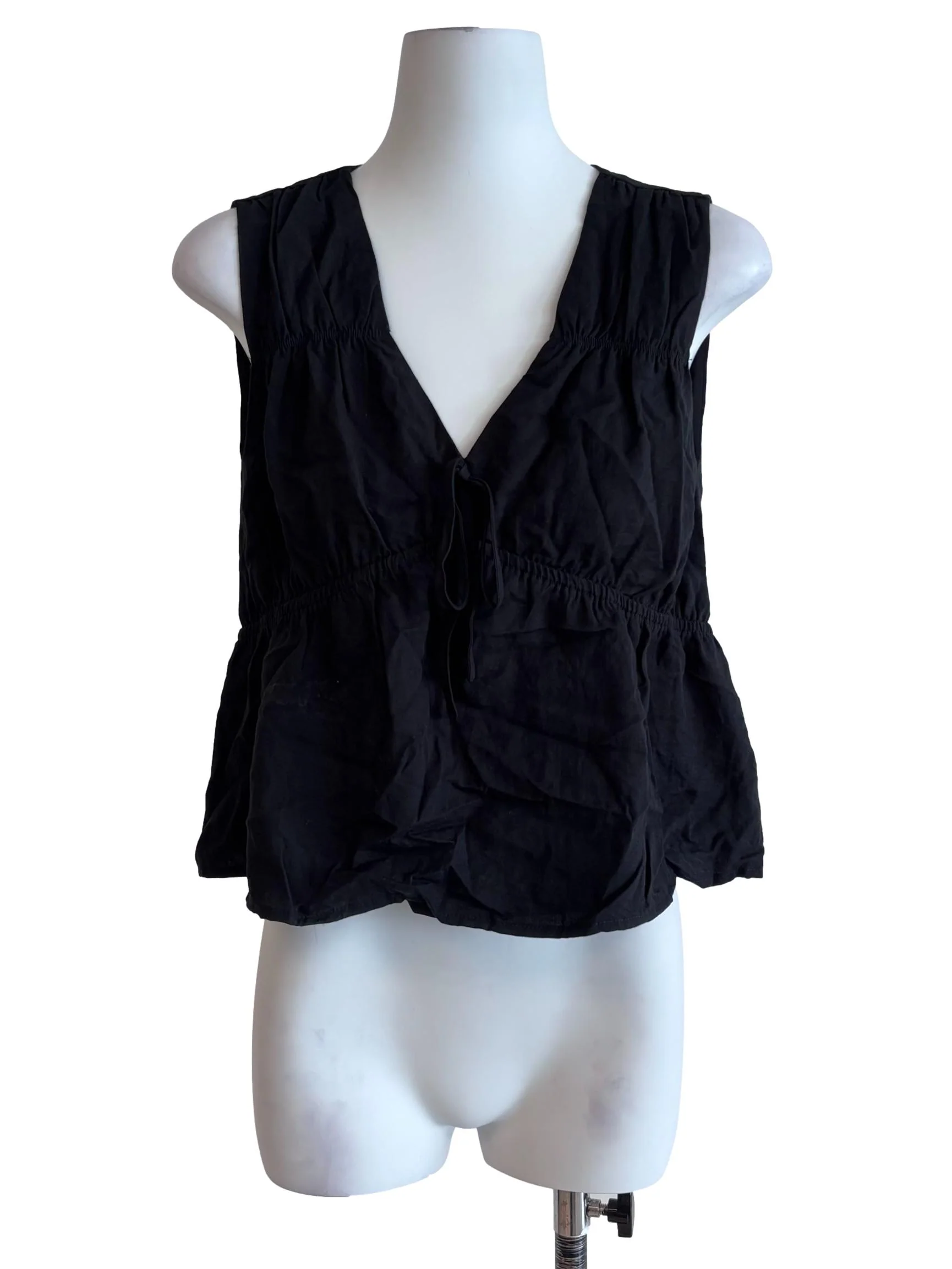 Onyx Black V Neck Shirred Sleeveless Top