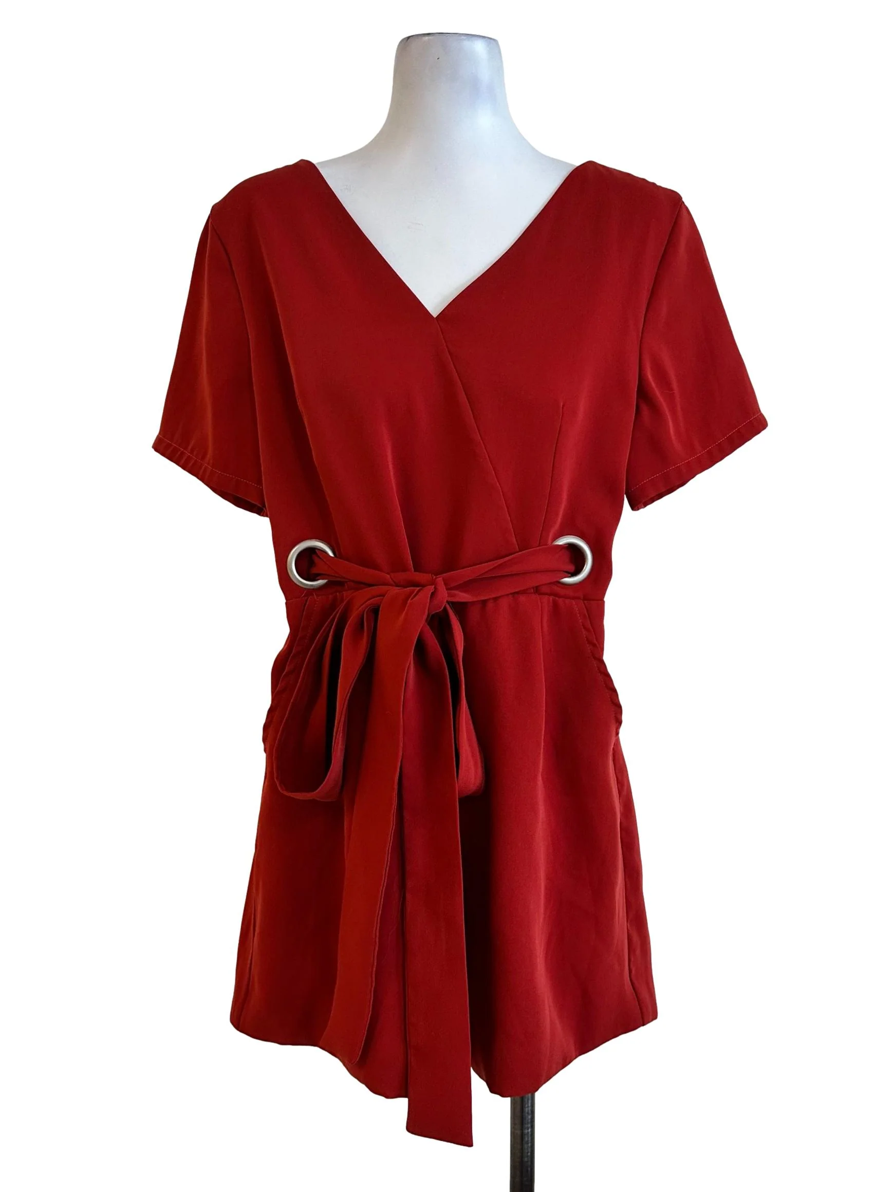Orange Red V Neckline Romper