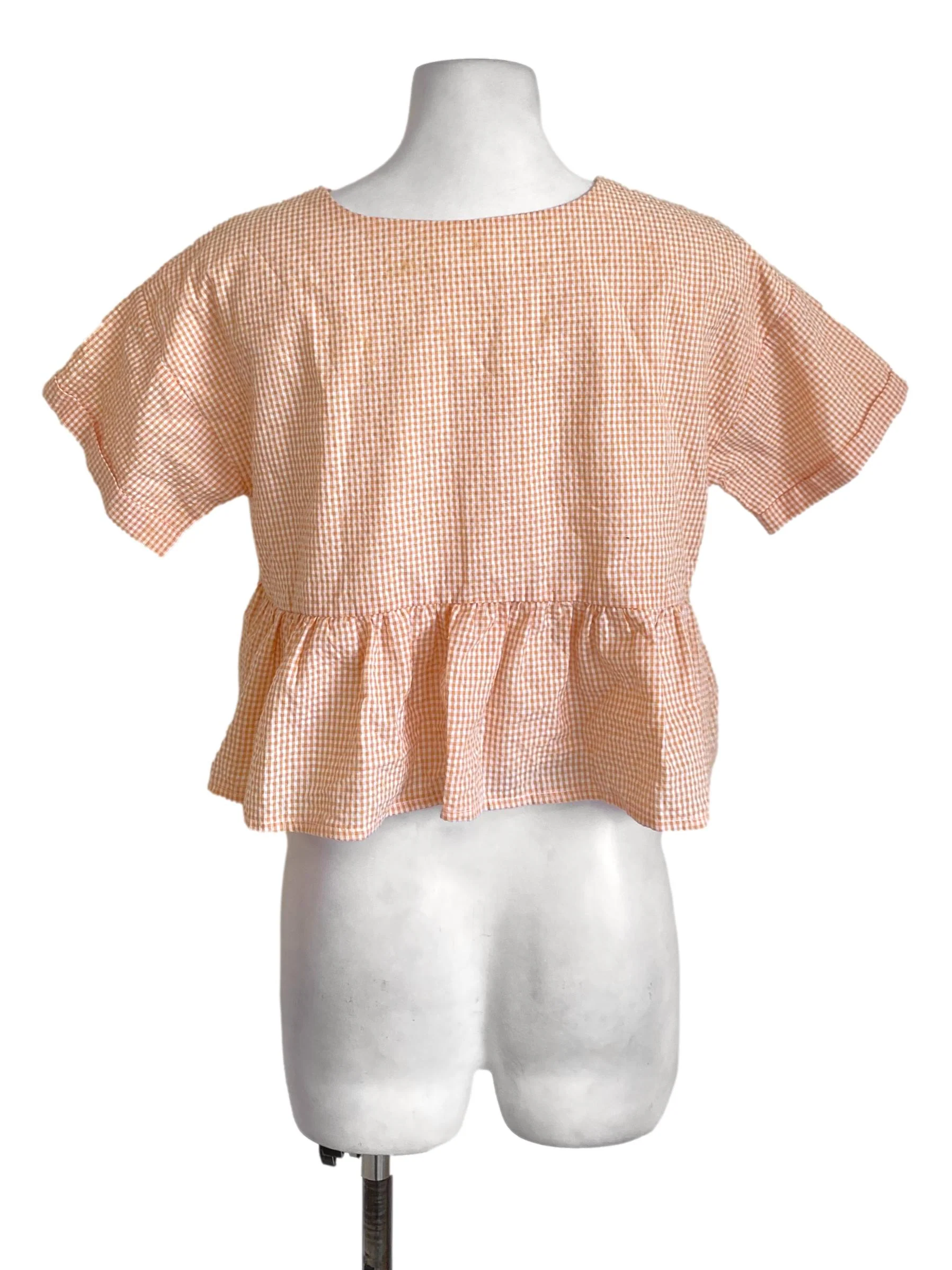Pastel Orange Plaid Rolled-Up Sleeved Cropped Peplum Top - Image 2
