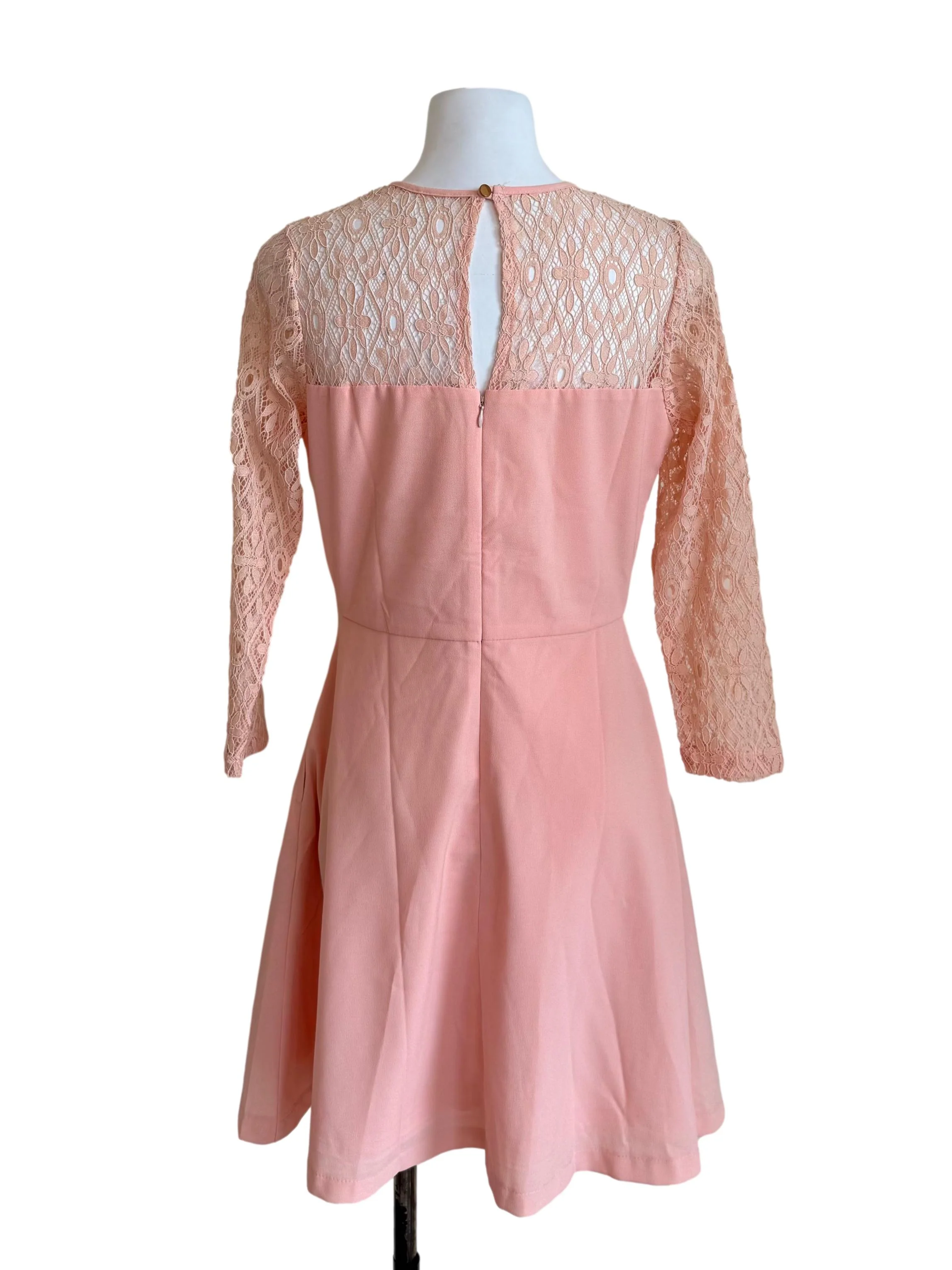 Pastel Peach Lace Sleeves A-Line Dress - Image 2