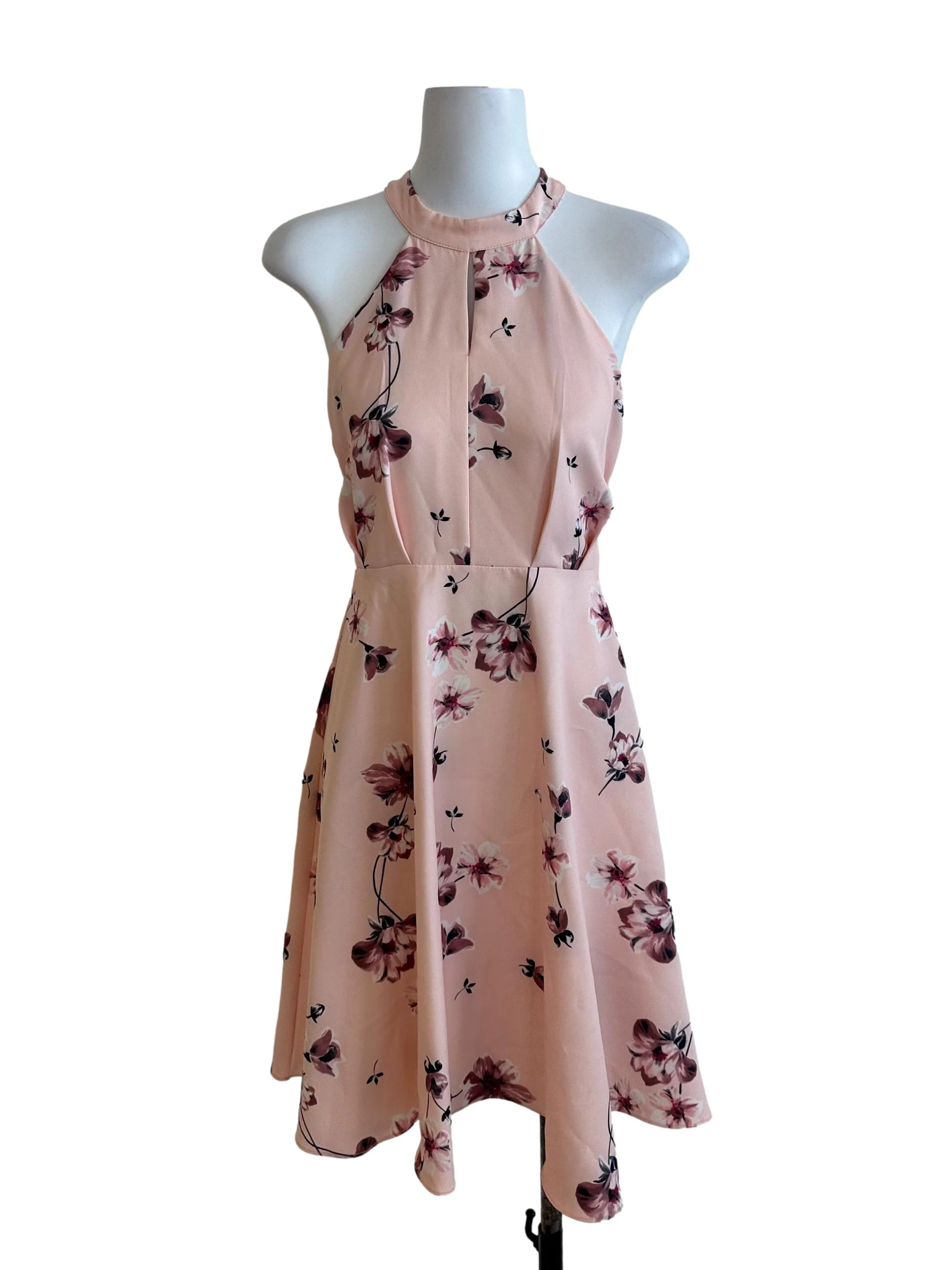 Peach Pink Floral Halter Dress