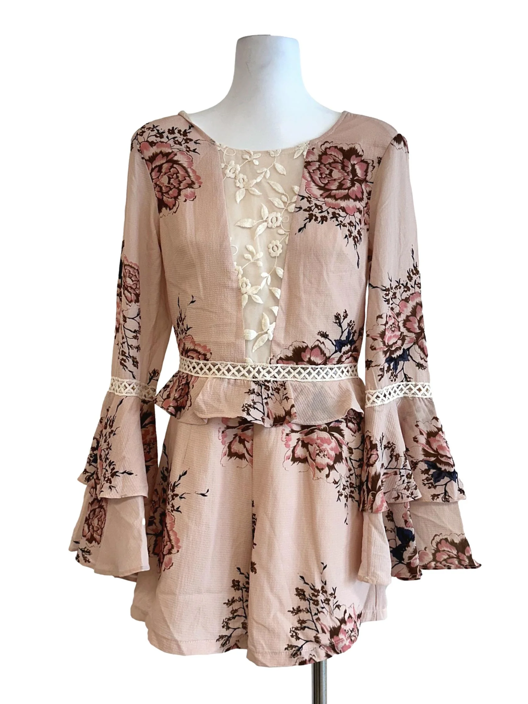 Peach Pink Flower Pattern Romper