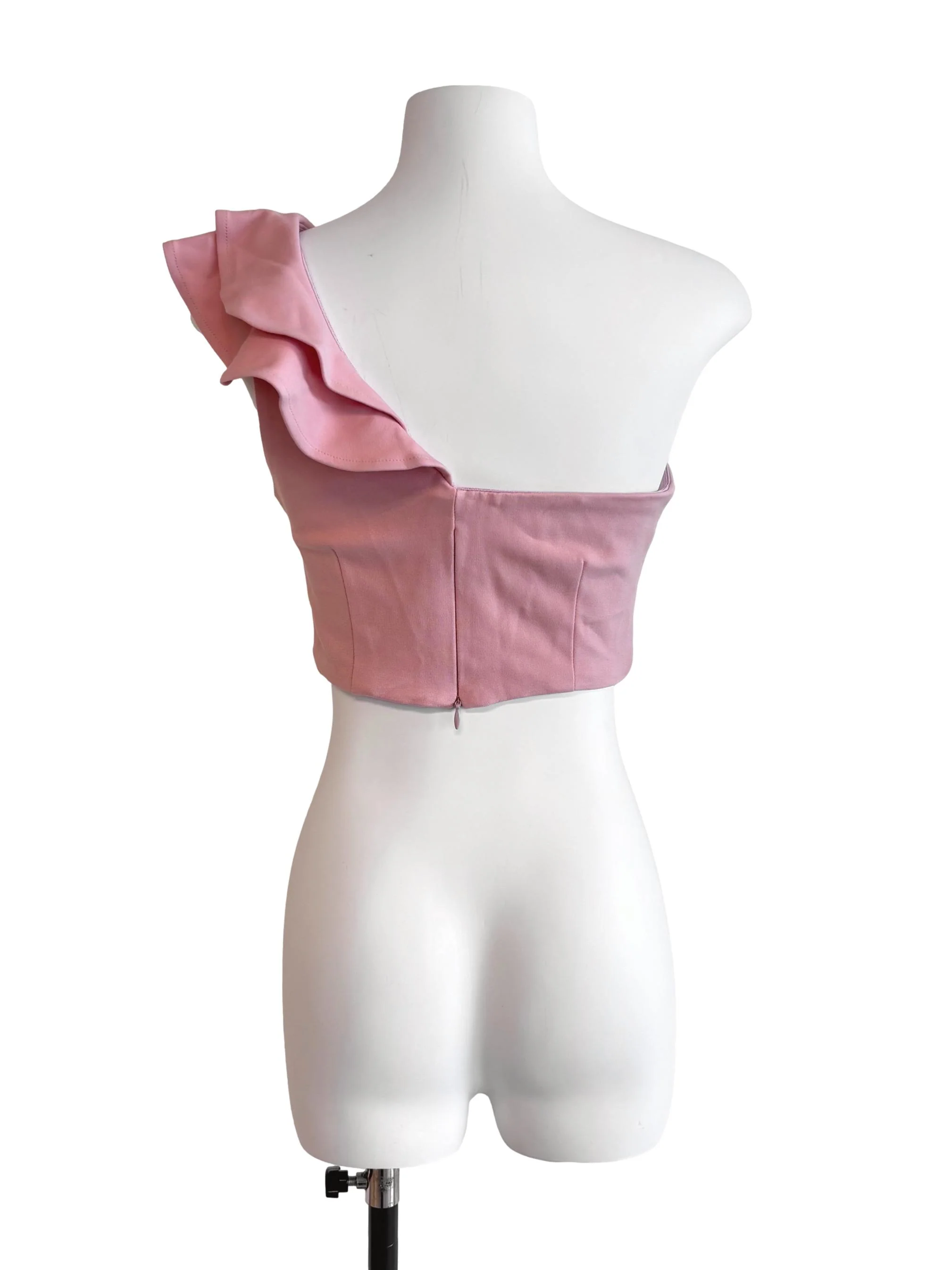 Peach Pink One Shoulder Ruffle Crop Top - Image 2